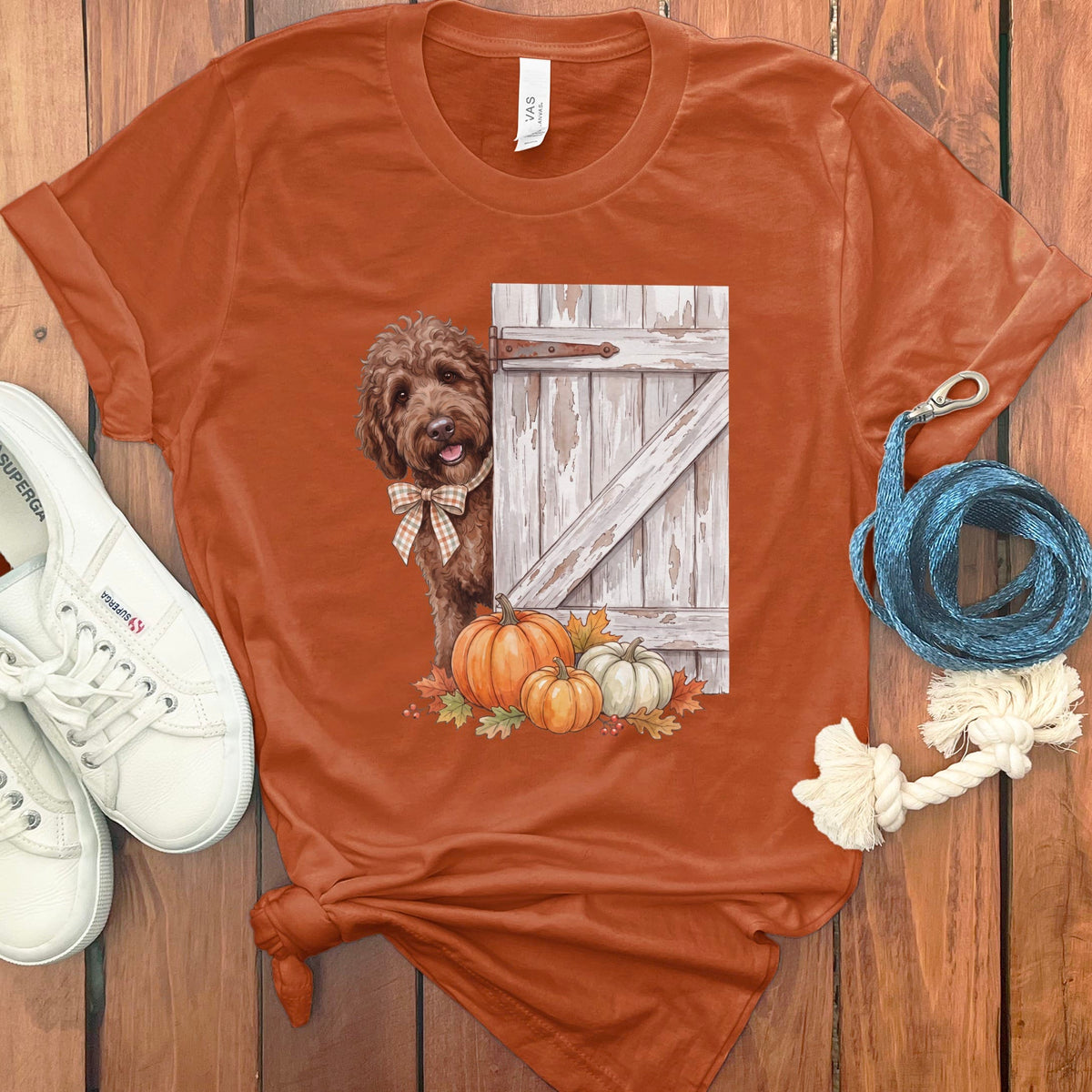 Chocolate Goldendoodle Barn Peeking T-Shirt in Autumn / S by Puppy Jo