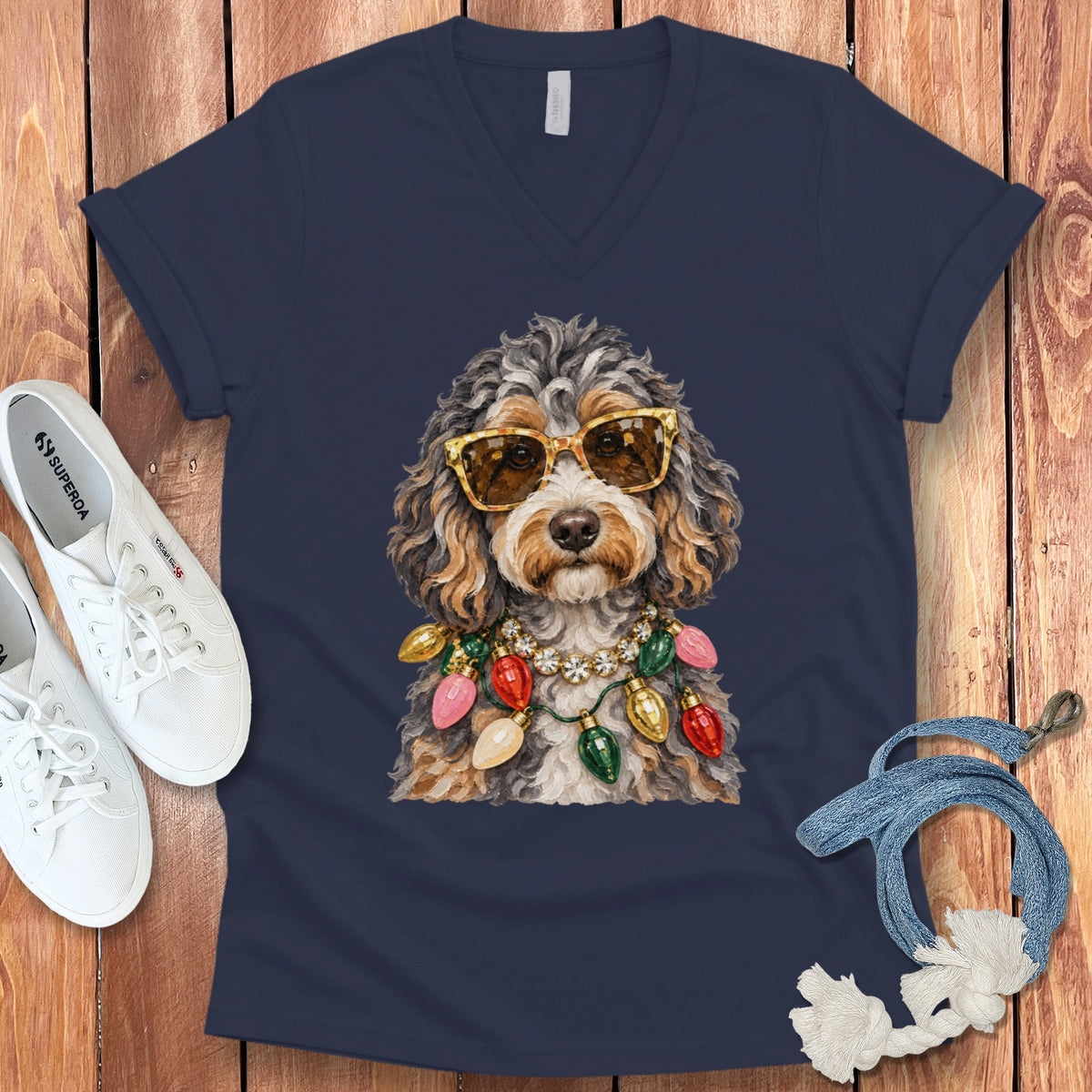 Cockapoo dog wearing sunglasses and a Christmas light necklace on a navy shirt.