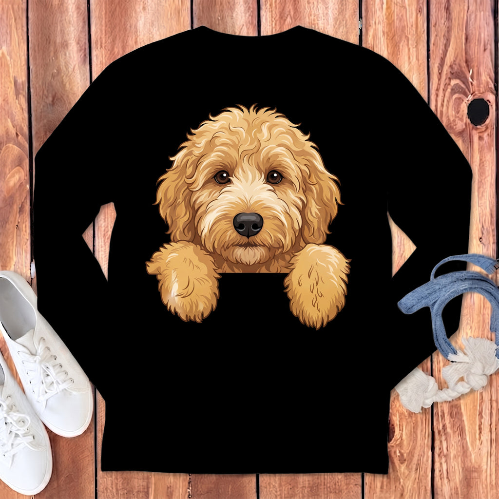 Black long-sleeve shirt with a printed illustration of a golden doodle dog.