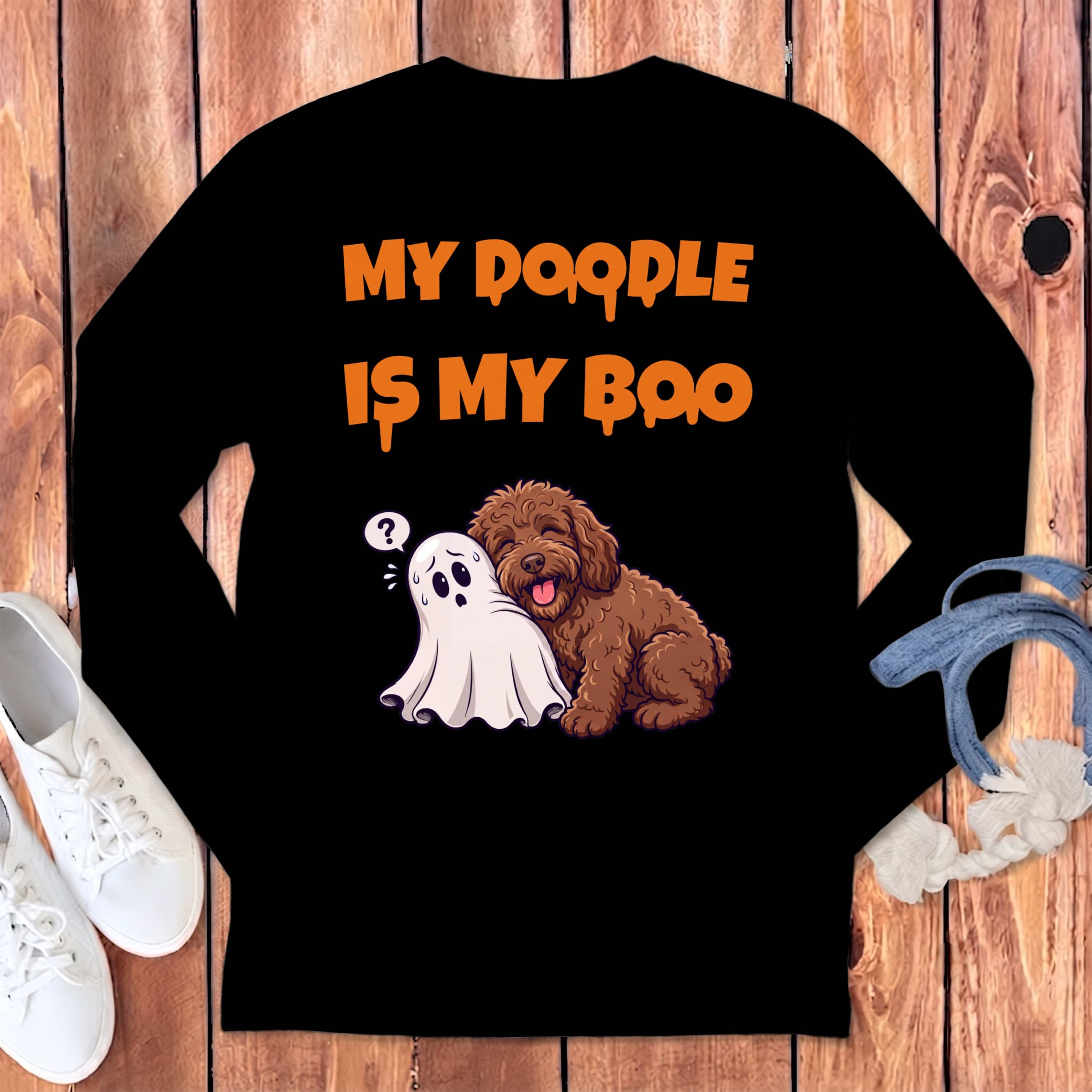 Chocolate Goldendoodle My Boo Long Sleeve T-Shirt in Black / S by Puppy Jo