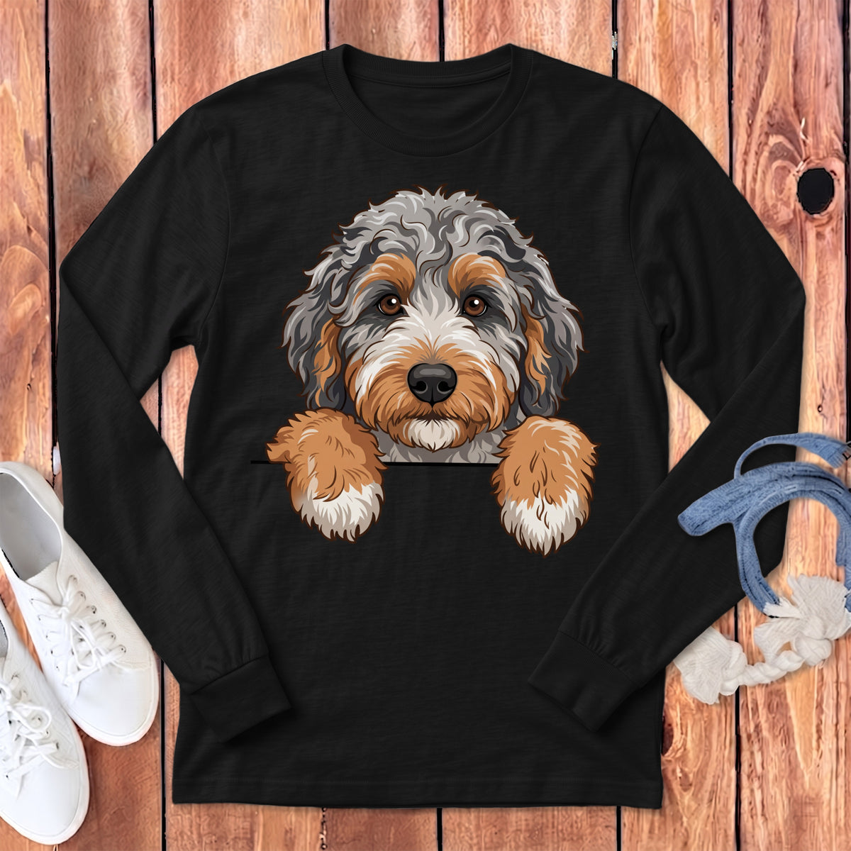 Black long-sleeve shirt with a multi-colored doodle dog illustration peeking over the collar.