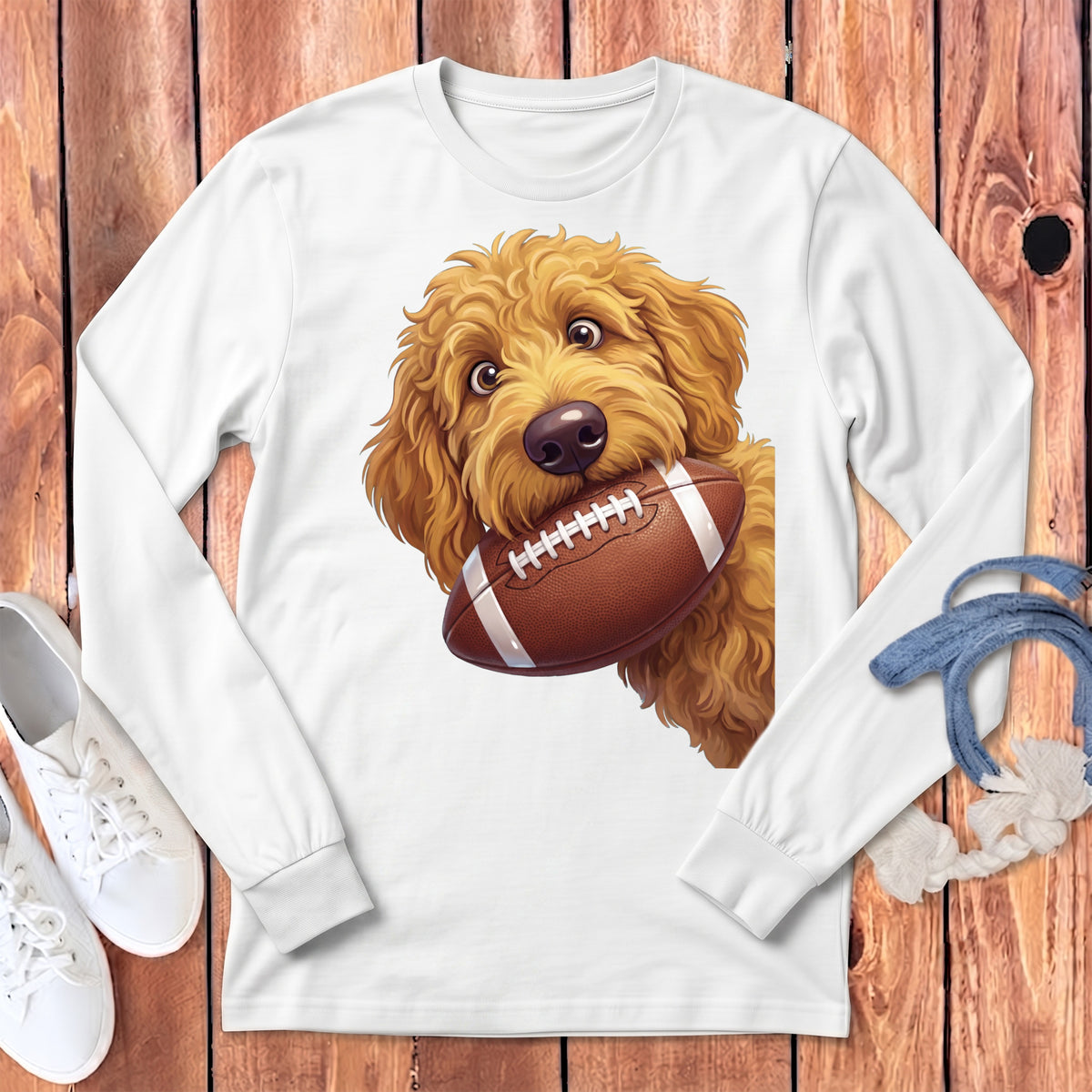 A white long-sleeved shirt featuring a graphic of a golden doodle dog holding a football.