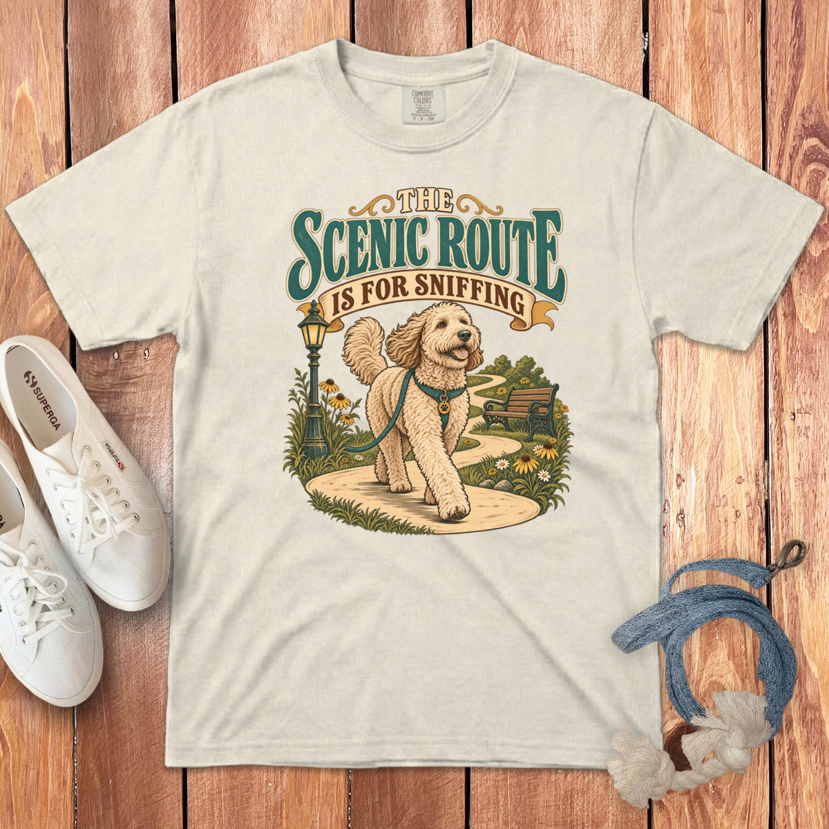 Off-white t-shirt featuring a graphic of a golden doodle dog walking along a path with the text The Scenic Route is for Sniffing.