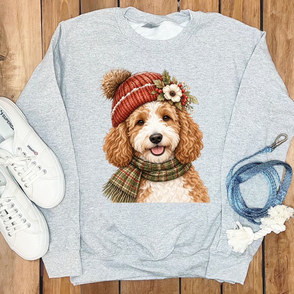 Grey sweatshirt with watercolor doodle dog wearing a knit hat and scarf.