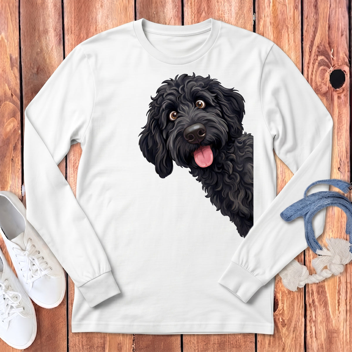 White long-sleeve t-shirt with a black doodle dog illustration and white sneakers.
