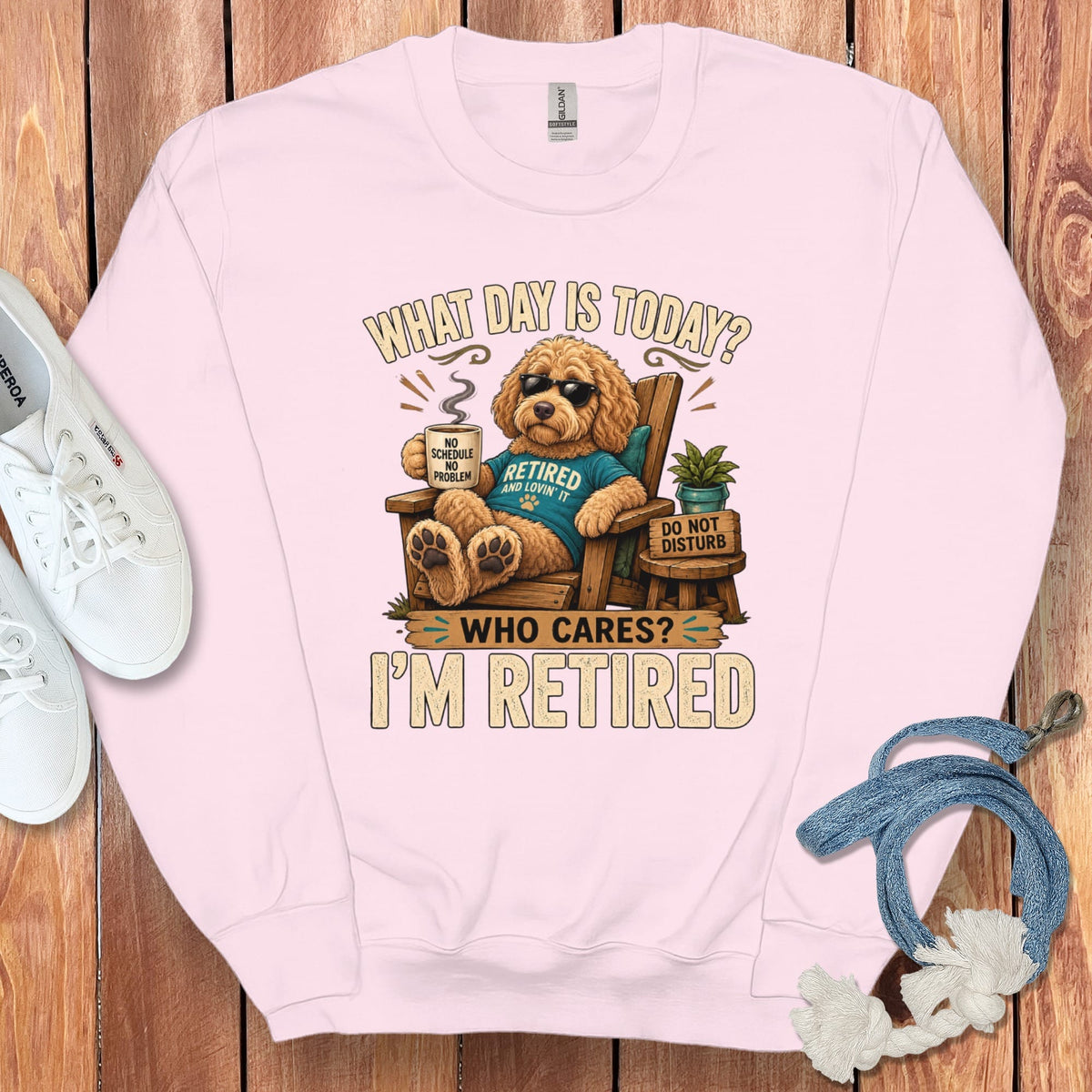 I'm Retired Apricot Goldendoodle Sweatshirt in Light Pink / S by Puppy Jo