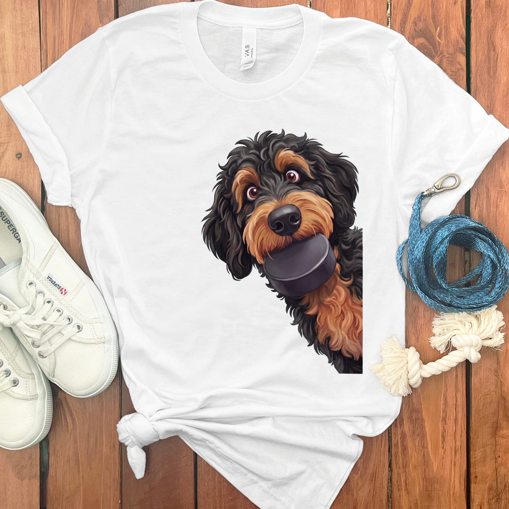 Phantom Goldendoodle Hockey Puck T-Shirt in White / S by Puppy Jo