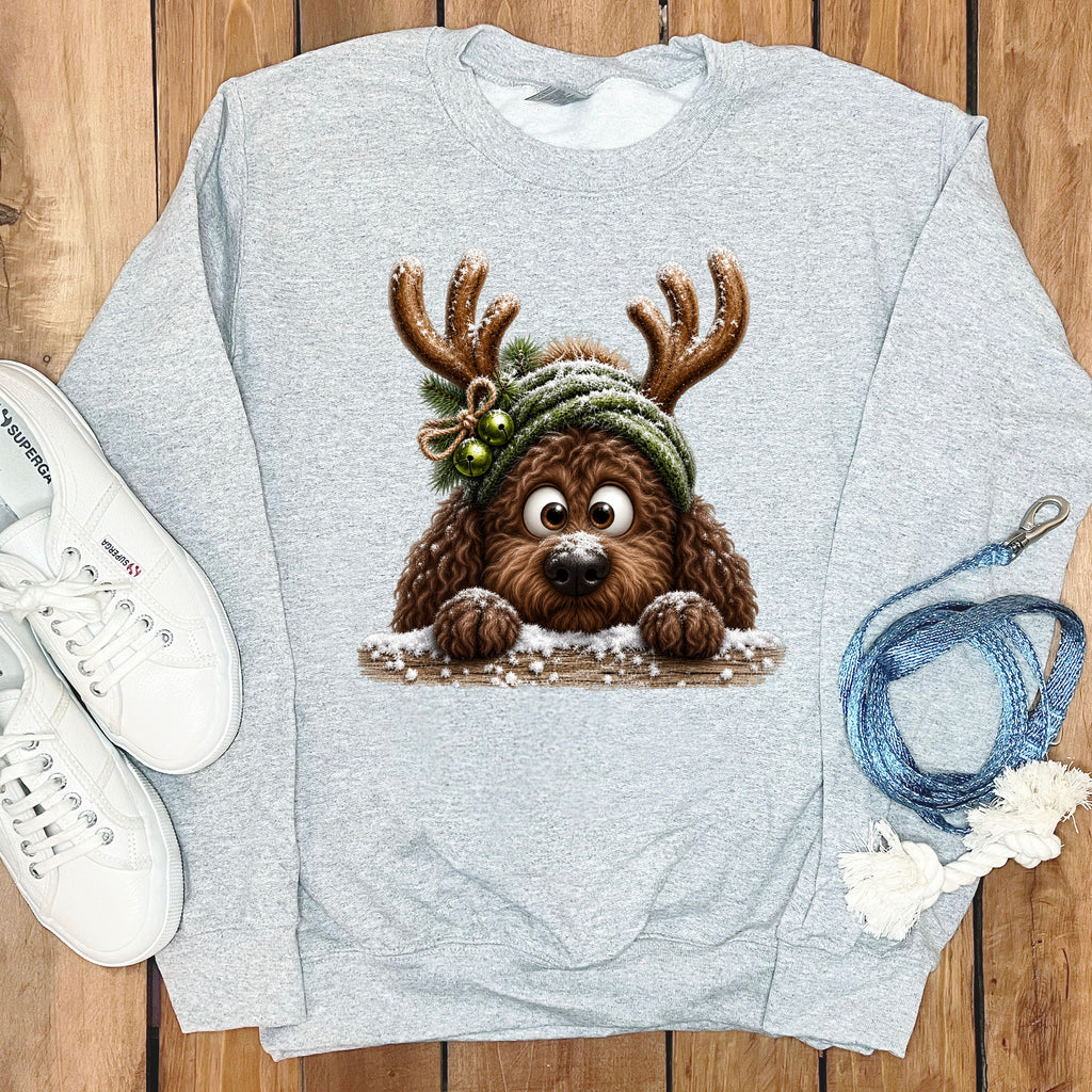 Light grey sweatshirt with a cartoon dog wearing antlers and a festive hat.