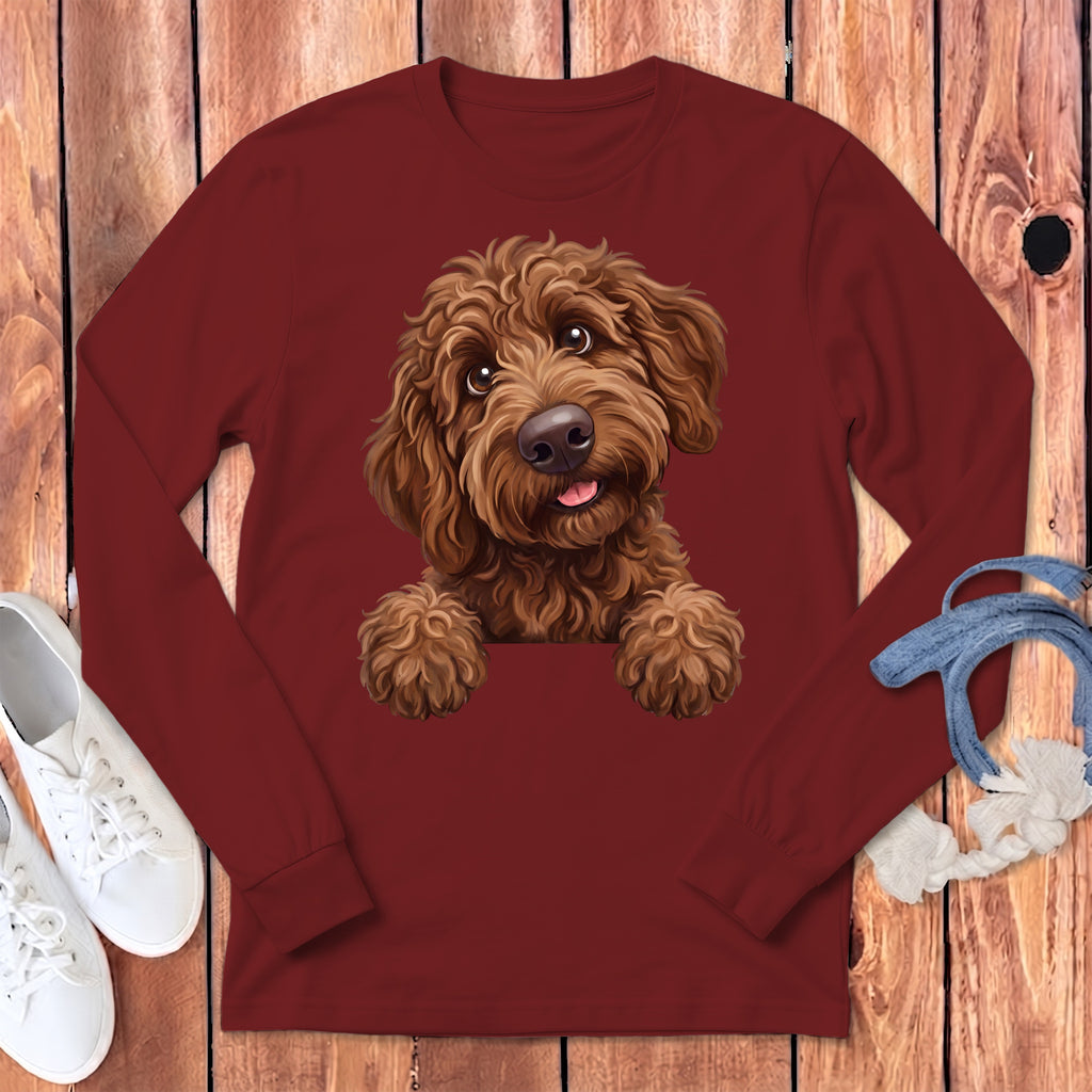Maroon long-sleeve shirt featuring a smiling brown doodle dog illustration.