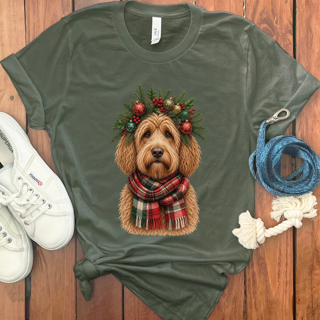 Apricot Goldendoodle Holiday Crown T-Shirt in Military Green / S by Puppy Jo