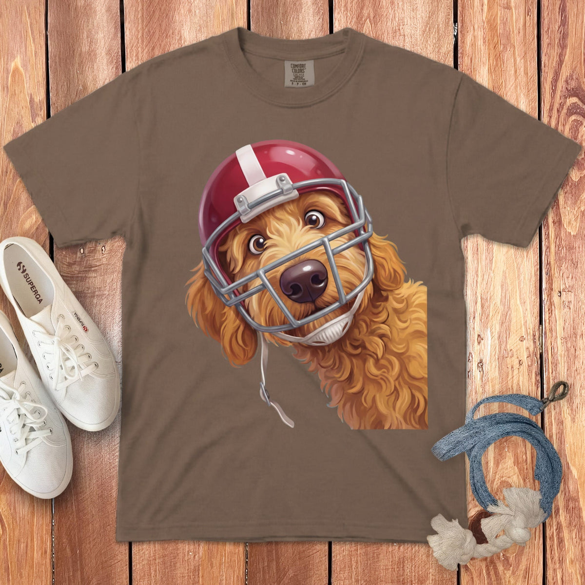 Apricot Goldendoodle Football Helmet Signature T-Shirt in Espresso / S by Puppy Jo