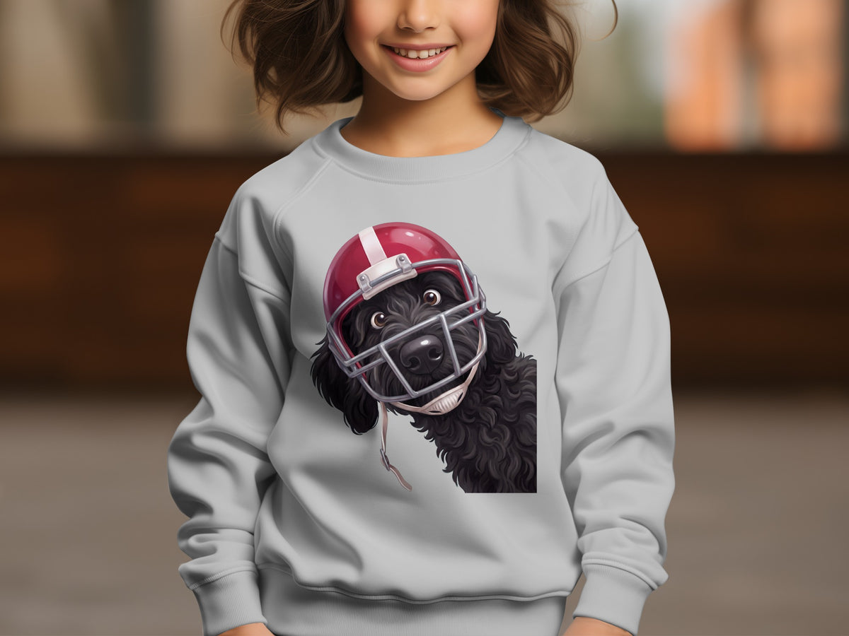 Black doodle dog wearing a red and white football helmet on a gray sweatshirt.