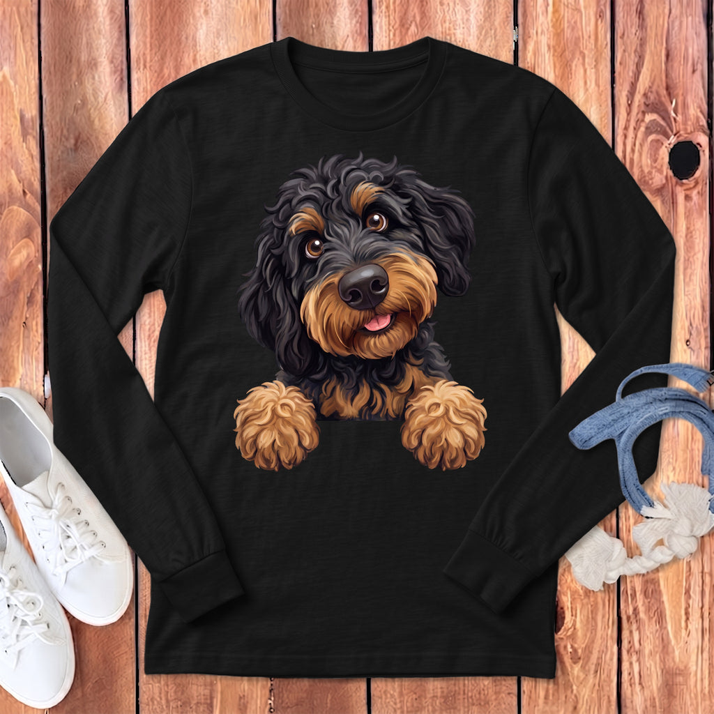 Black long-sleeved shirt featuring a doodle dog illustration with tan fur and floppy ears.