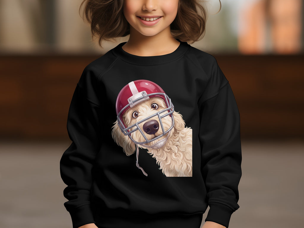 Black sweatshirt with cartoon of a fluffy dog wearing a football helmet.