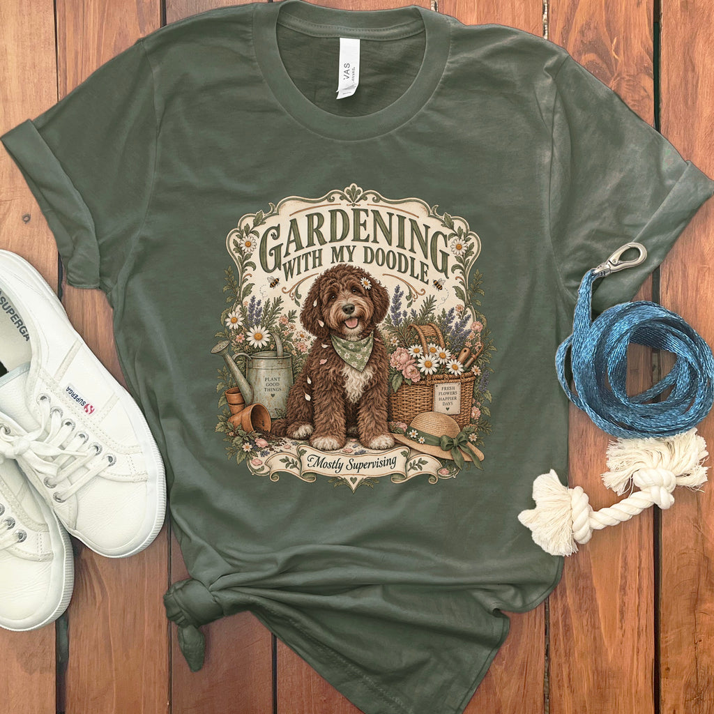 Green t-shirt with doodle dog gardening graphic: "Gardening with my Doodle. Mostly Supervising."