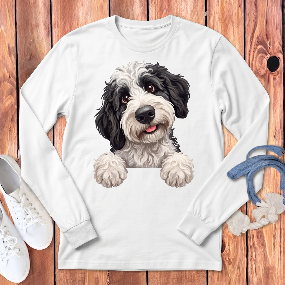 White long-sleeve shirt with black and white dog graphic and white sneakers.