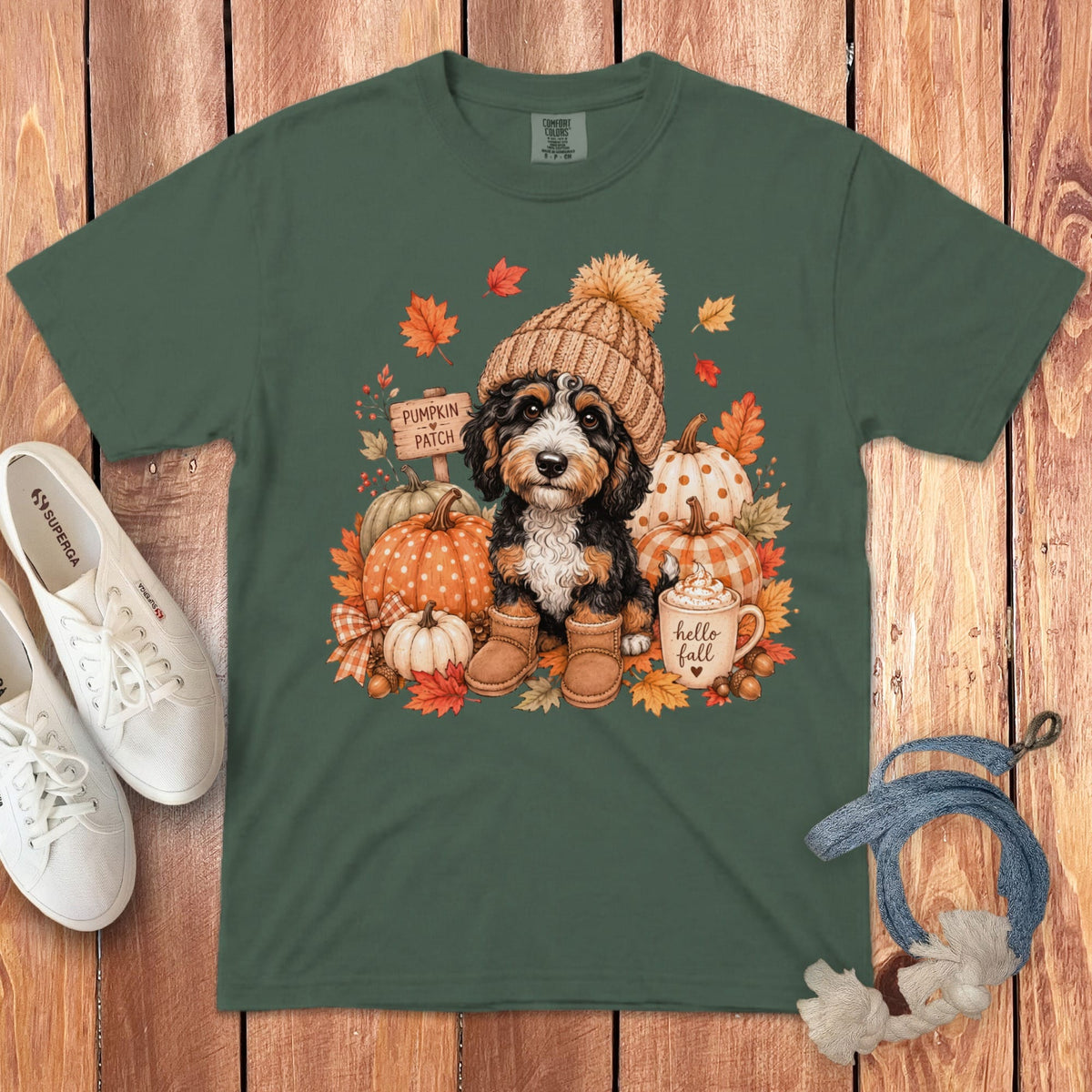 Bernedoodle Pumpkin Patch Signature T-Shirt in Blue Spruce / S by Puppy Jo