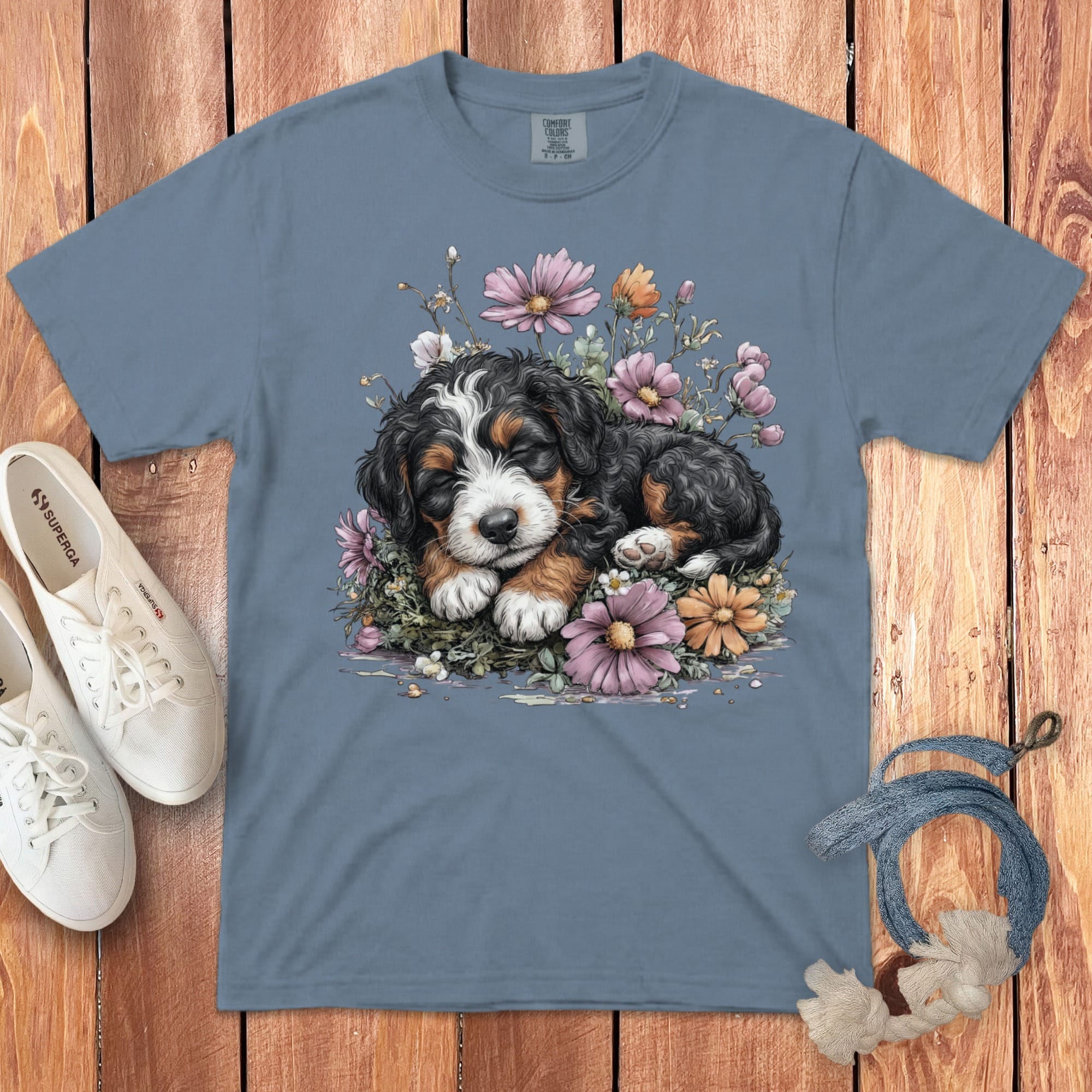 Bernese Mountain Dog puppy sleeping among pink and purple flowers on a blue t-shirt.