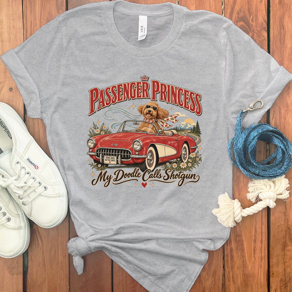 Grey t-shirt with "Passenger Princess" and a dog driving a red convertible.