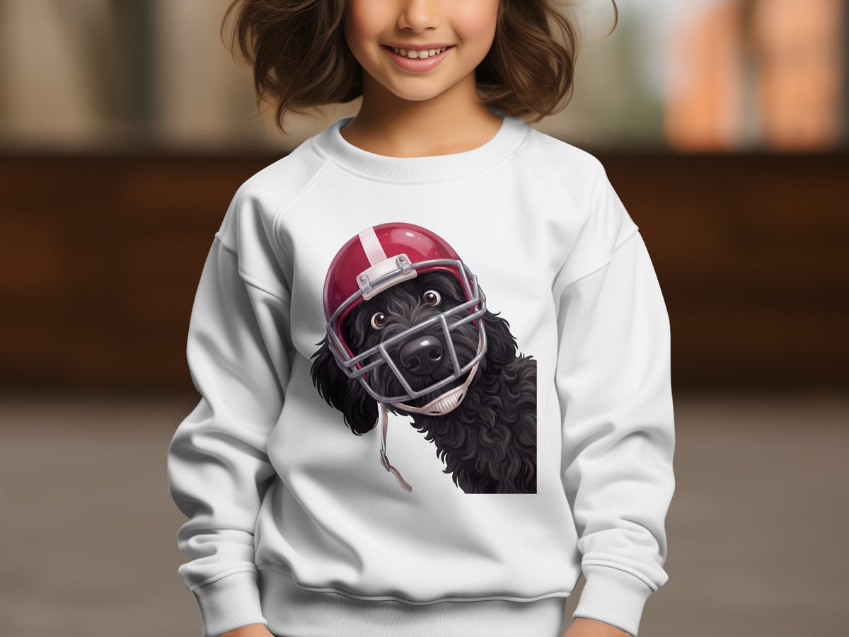 White sweatshirt with black dog wearing a red football helmet graphic.