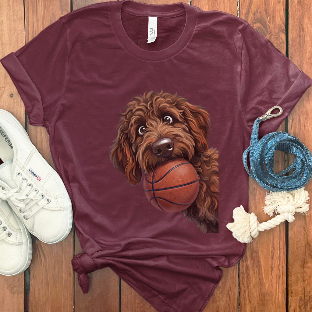 Chocolate Goldendoodle Basketball T-Shirt in Maroon / S by Puppy Jo