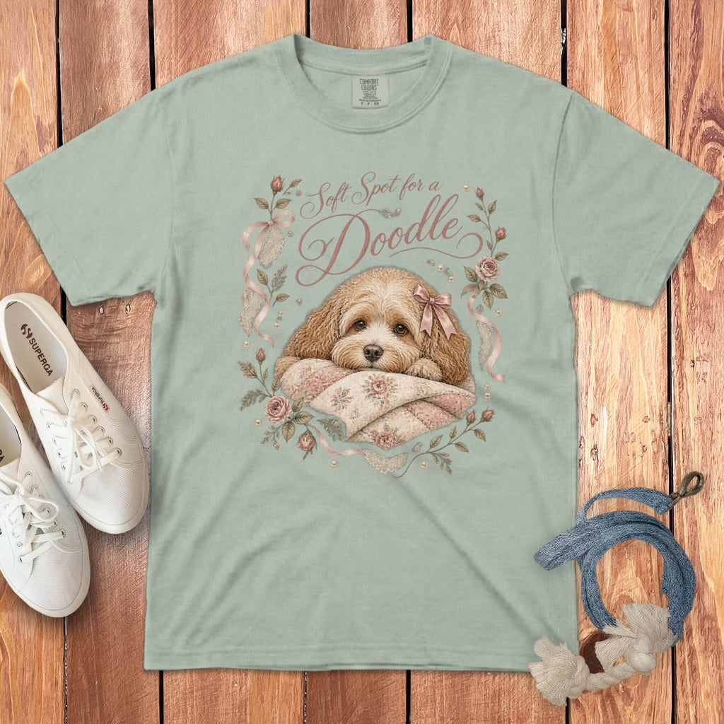 T-shirt with a doodle dog illustration and text "Soft Spot for a Doodle".