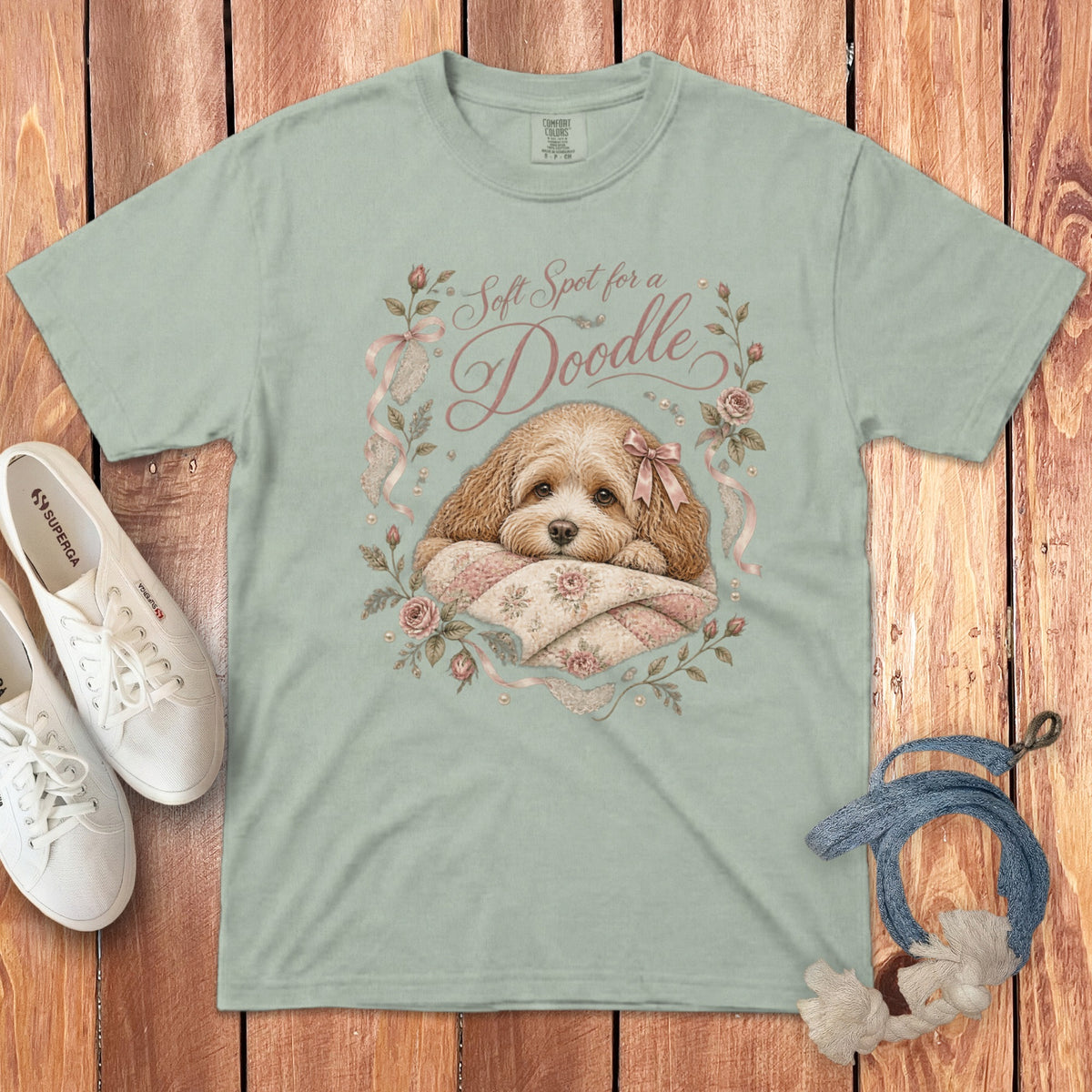 T-shirt with a doodle dog illustration and text "Soft Spot for a Doodle".