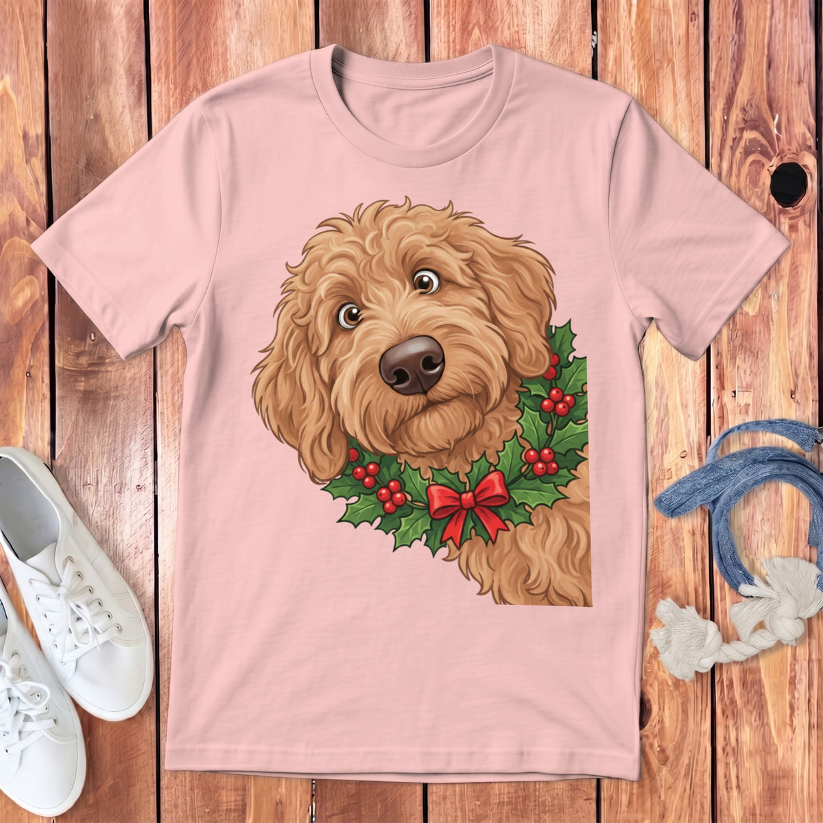 Light pink t-shirt with goldendoodle wearing holly wreath and red bow graphic