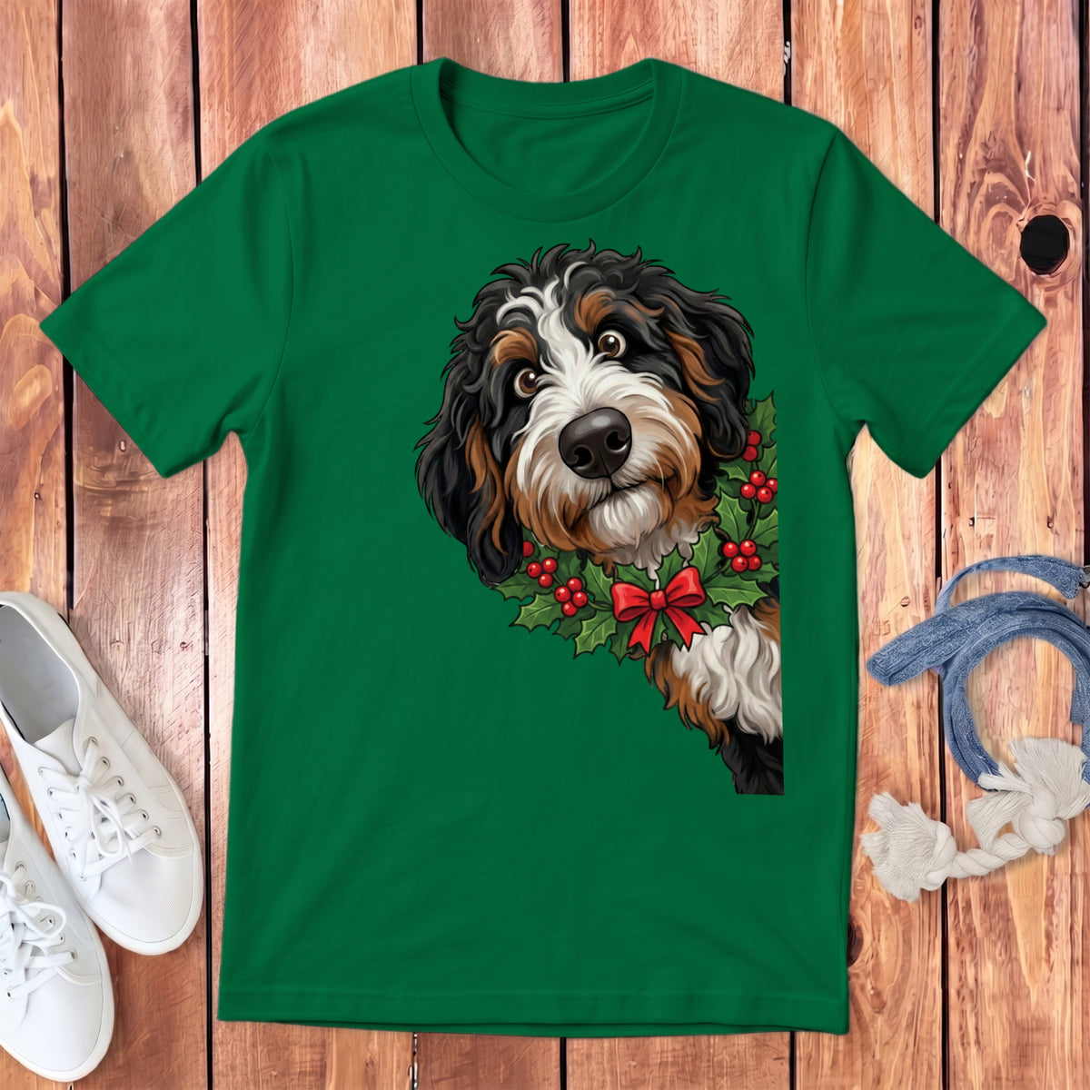 Green t-shirt with a Bernese Mountain Dog peeking around a holly wreath with a red bow.