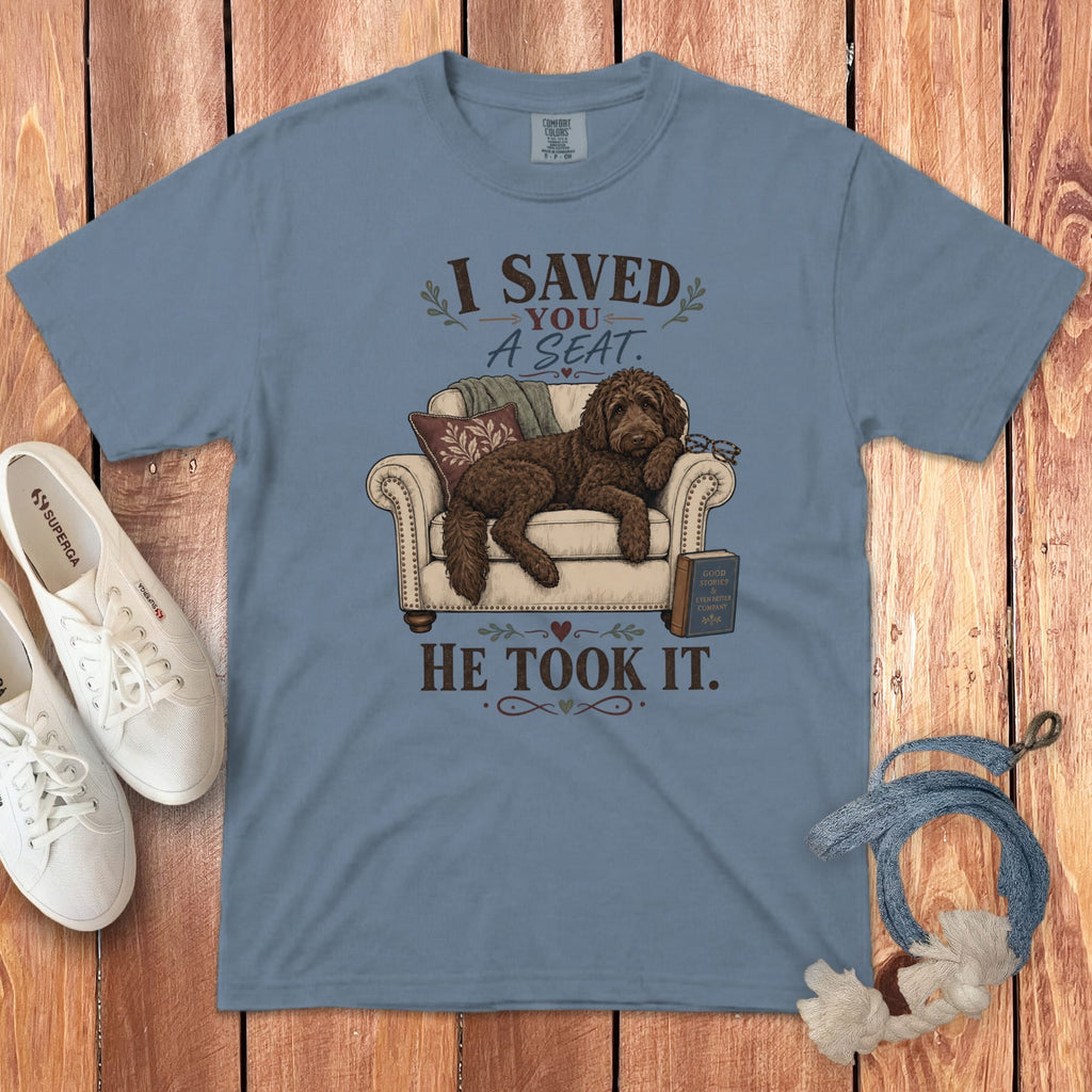 Chocolate Goldendoodle Seat Signature T-Shirt in Blue Jean / S by Puppy Jo