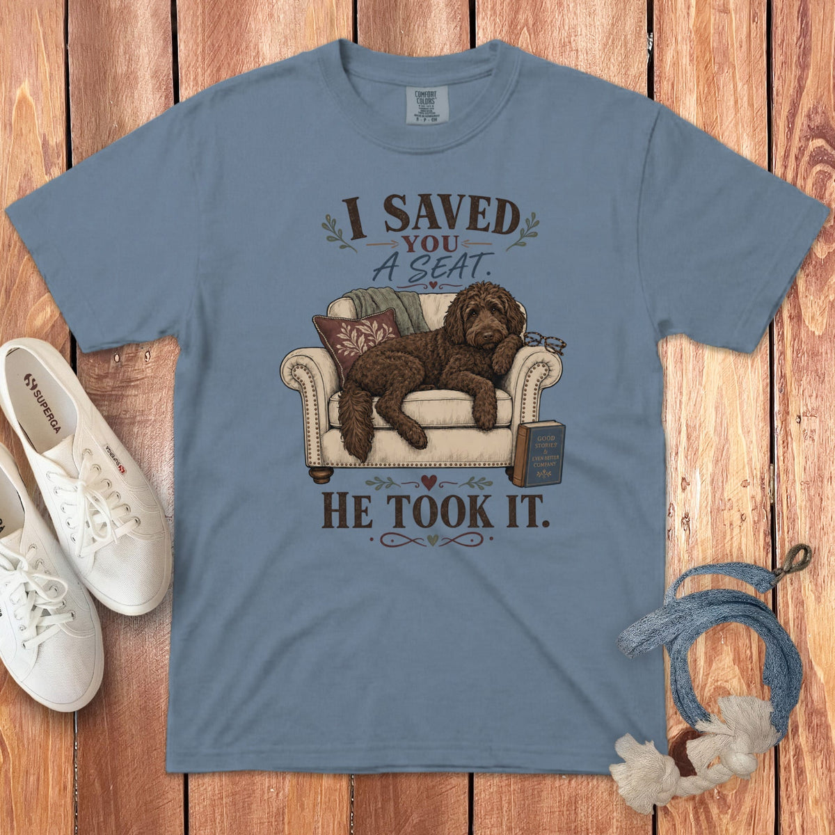 Chocolate Goldendoodle Seat Signature T-Shirt in Blue Jean / S by Puppy Jo