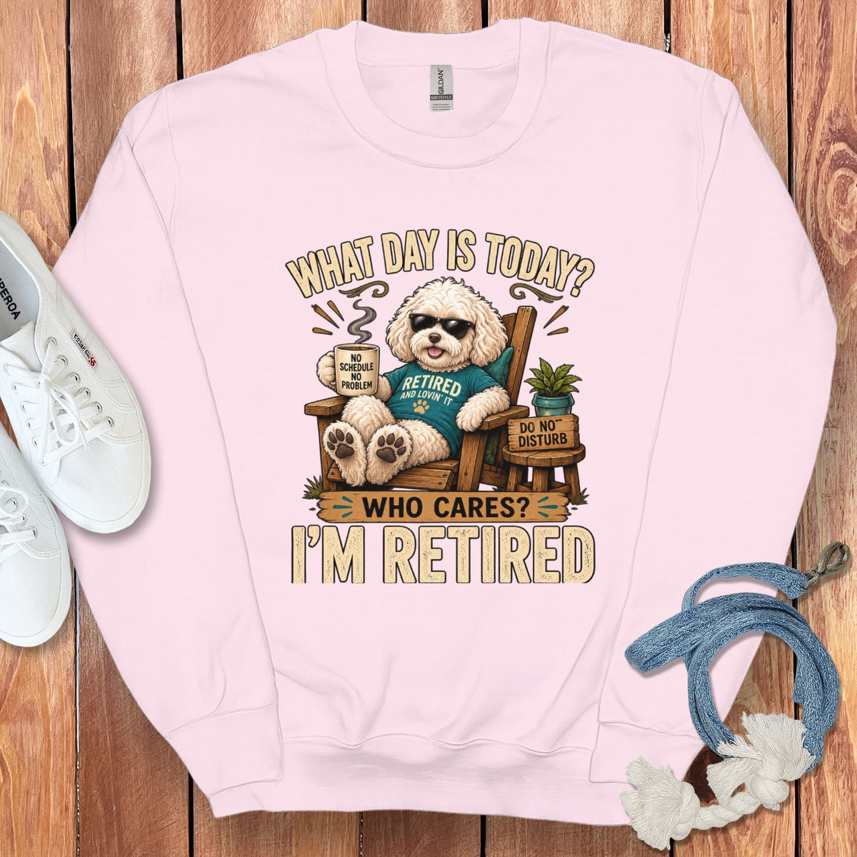 I'm Retired Maltipoo Sweatshirt in Light Pink / S by Puppy Jo
