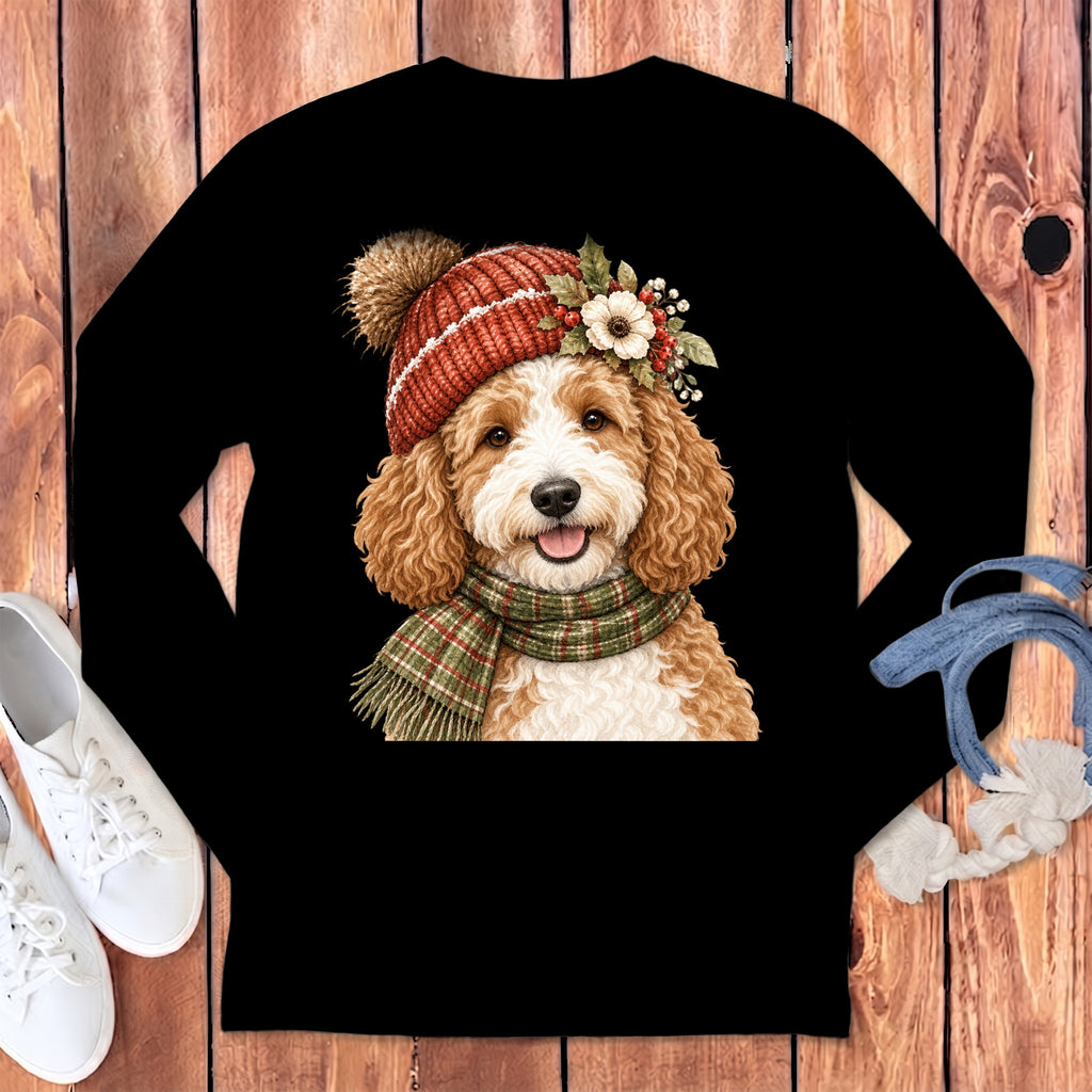 Cute goldendoodle wearing a knit hat and plaid scarf with festive flowers.