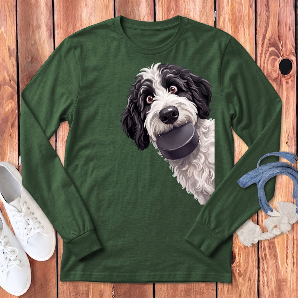 Sheepadoodle Hockey Puck Long Sleeve T-Shirt in Heather Forest / S by Puppy Jo