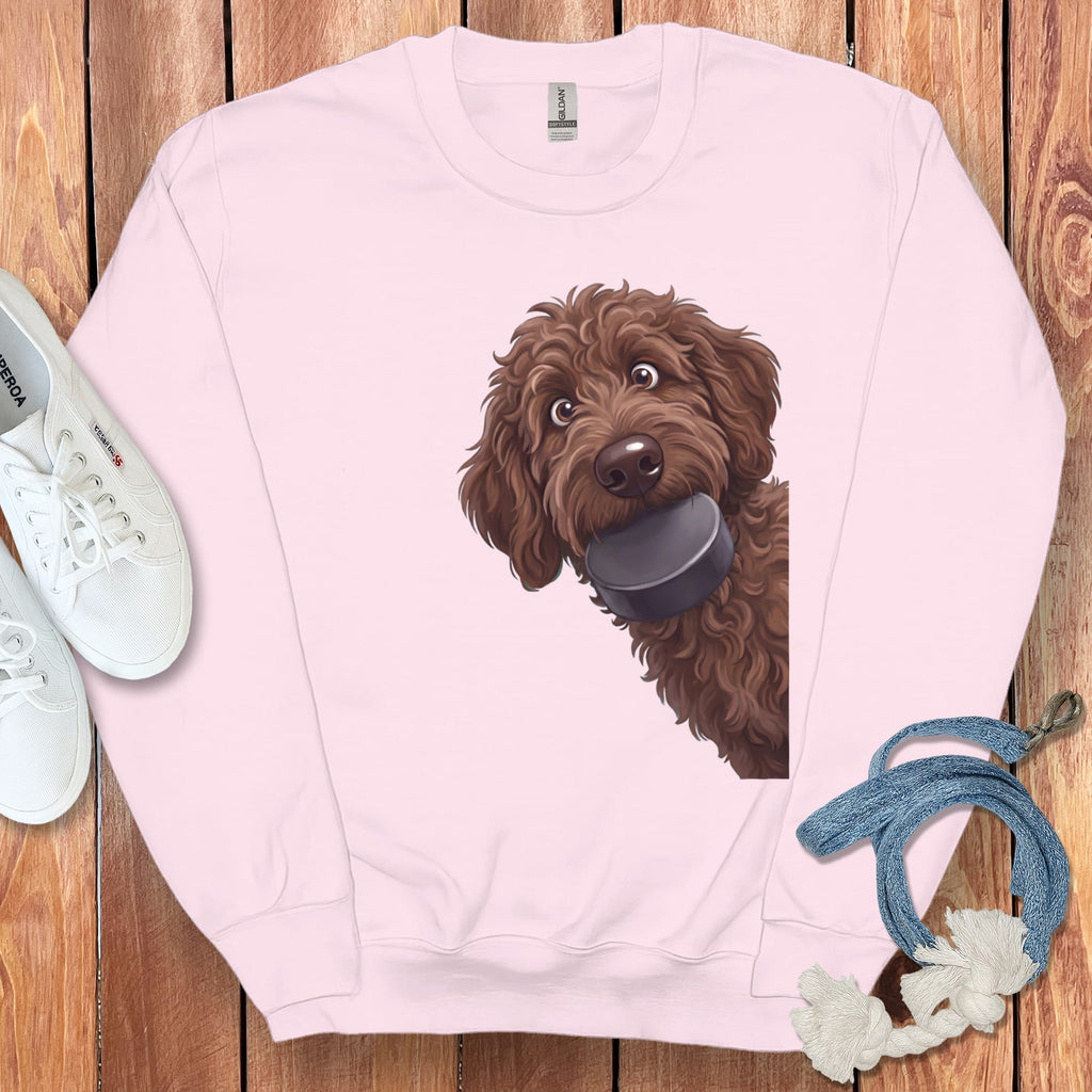 Chocolate Goldendoodle Hockey Puck Sweatshirt in Light Pink / S by Puppy Jo