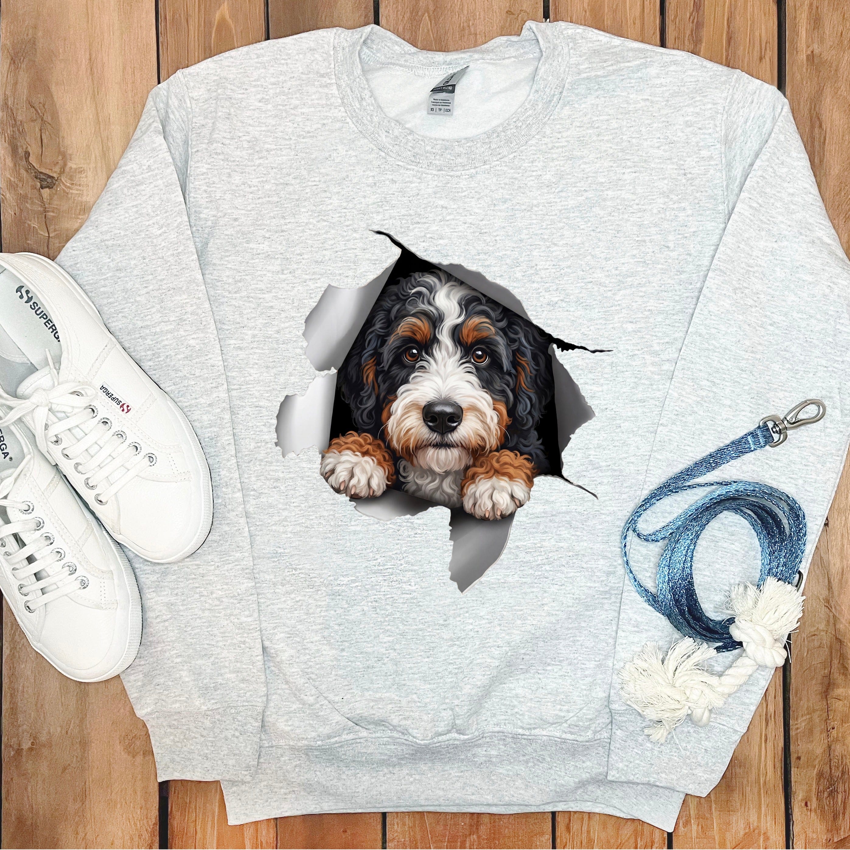 Cute Dog Face Ripped Graphic Design Sweatshirt
