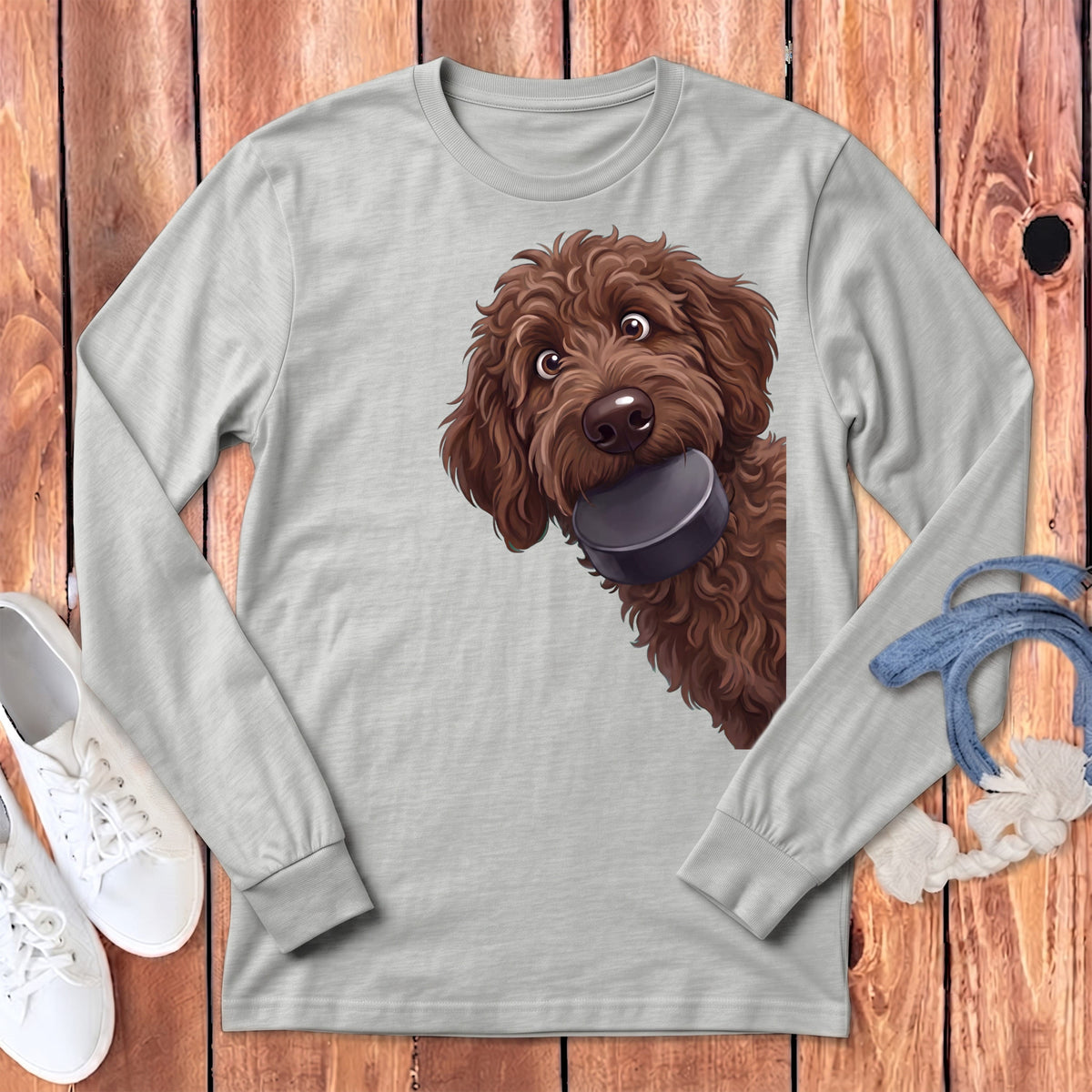Chocolate Goldendoodle Hockey Puck Long Sleeve T-Shirt in Athletic Heather / S by Puppy Jo