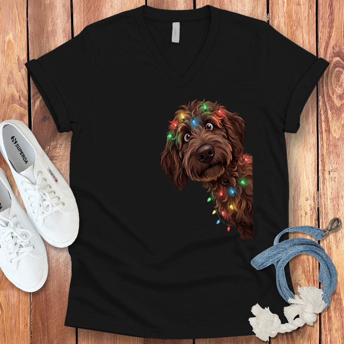 Peeking Chocolate Goldendoodle Holiday V-Neck T-Shirt in Black / S by Puppy Jo