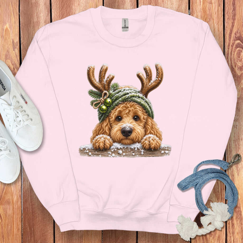 Pink sweatshirt with a doodle dog wearing antlers, hat, and bells.