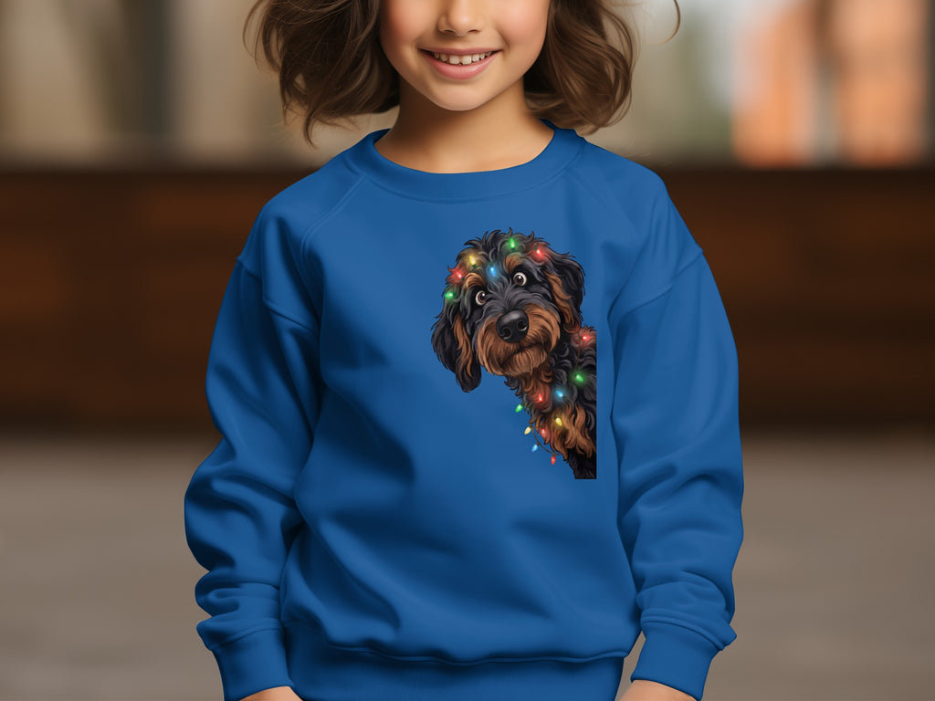 Blue sweatshirt with a doodle dog wearing colorful Christmas lights graphic.