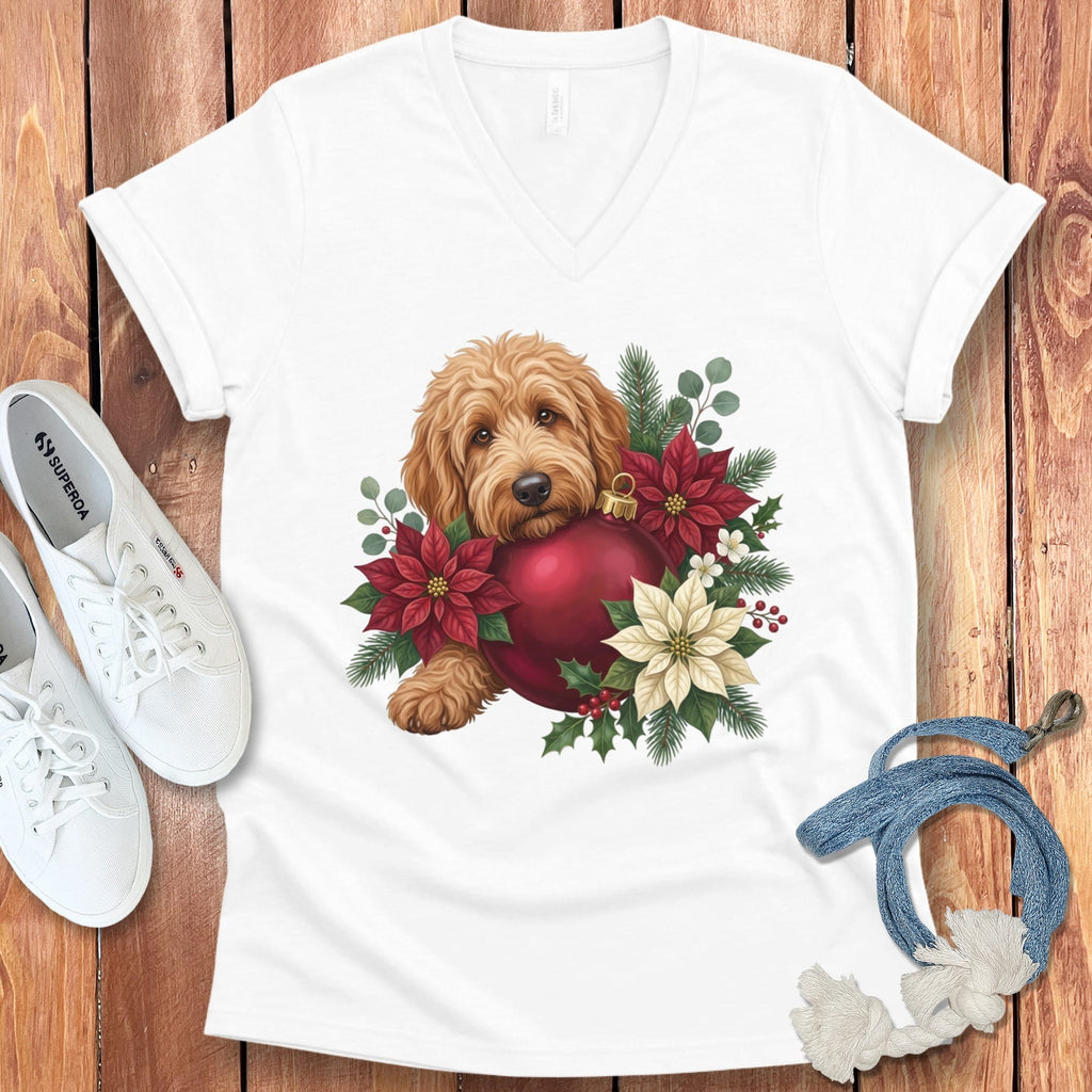 Apricot Goldendoodle Holiday Cheer V-Neck T-Shirt in White / S by Puppy Jo