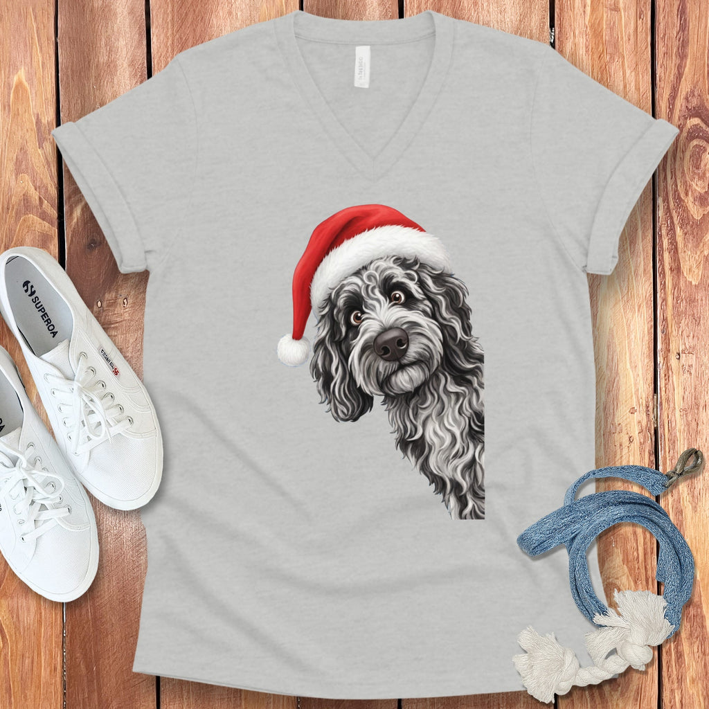 Merle Goldendoodle Holiday Santa V-Neck T-Shirt in Athletic Heather / S by Puppy Jo
