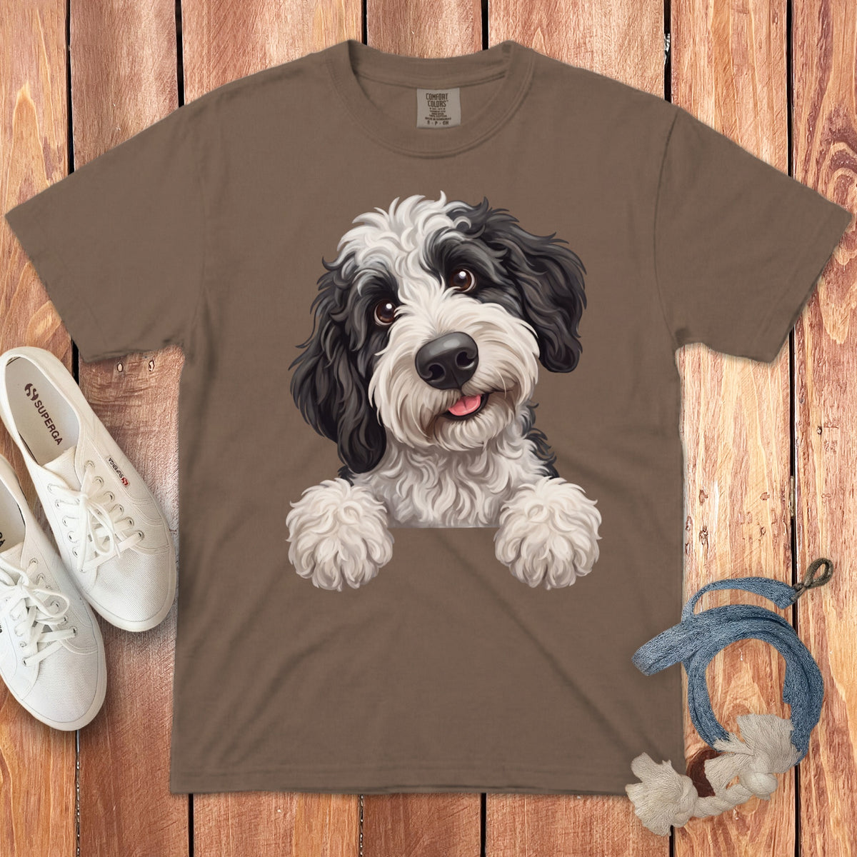Brown t-shirt with a cartoon black and white dog head and paws design.