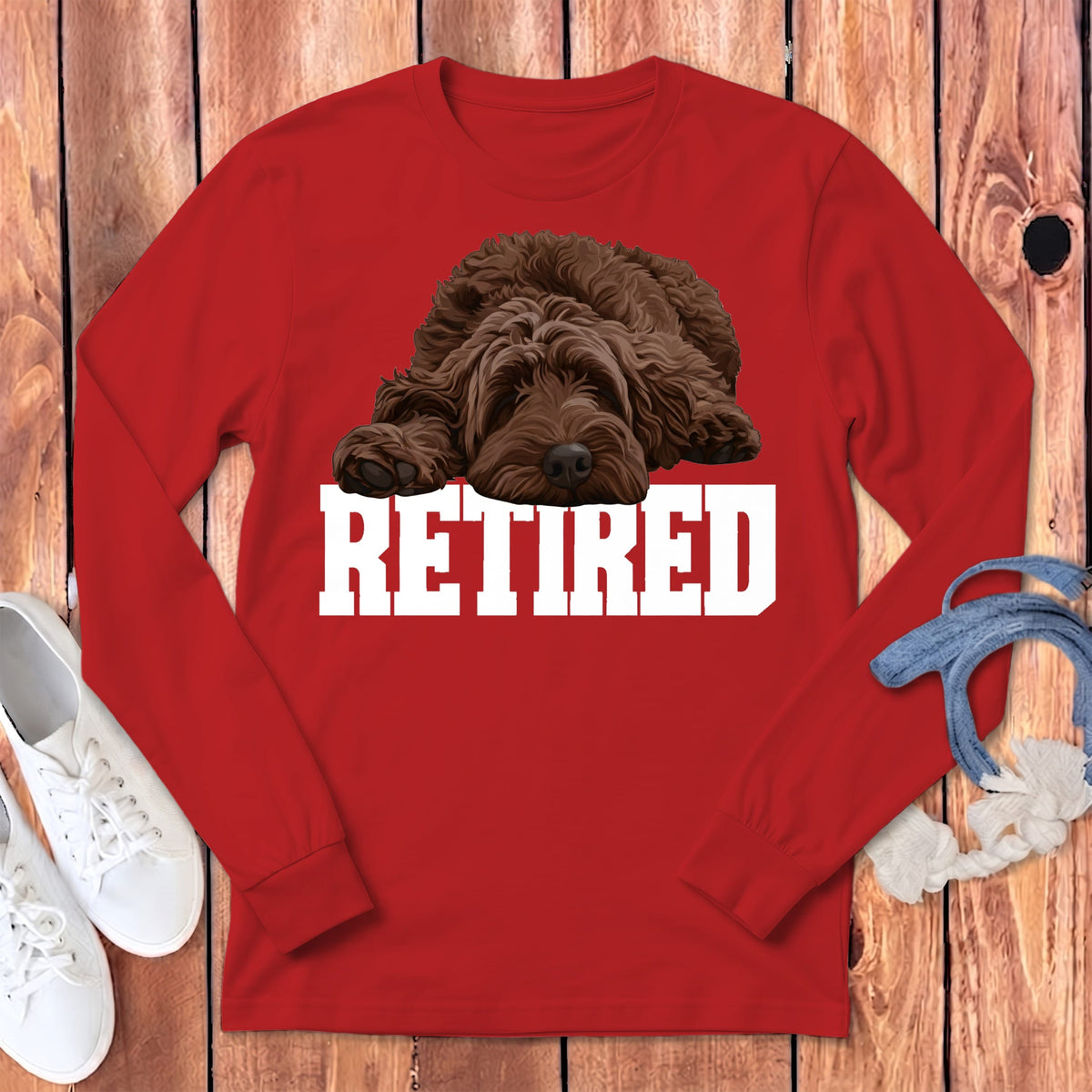 Retired Sleeping Chocolate Goldendoodle Long Sleeve T-Shirt in Red / S by Puppy Jo