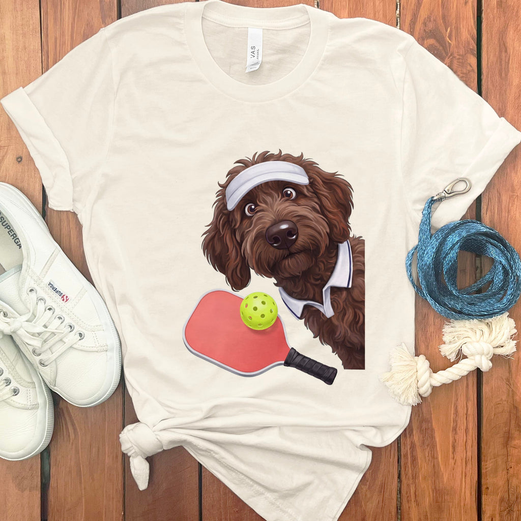 Chocolate Goldendoodle Pickleball Player T-Shirt in Natural / S by Puppy Jo