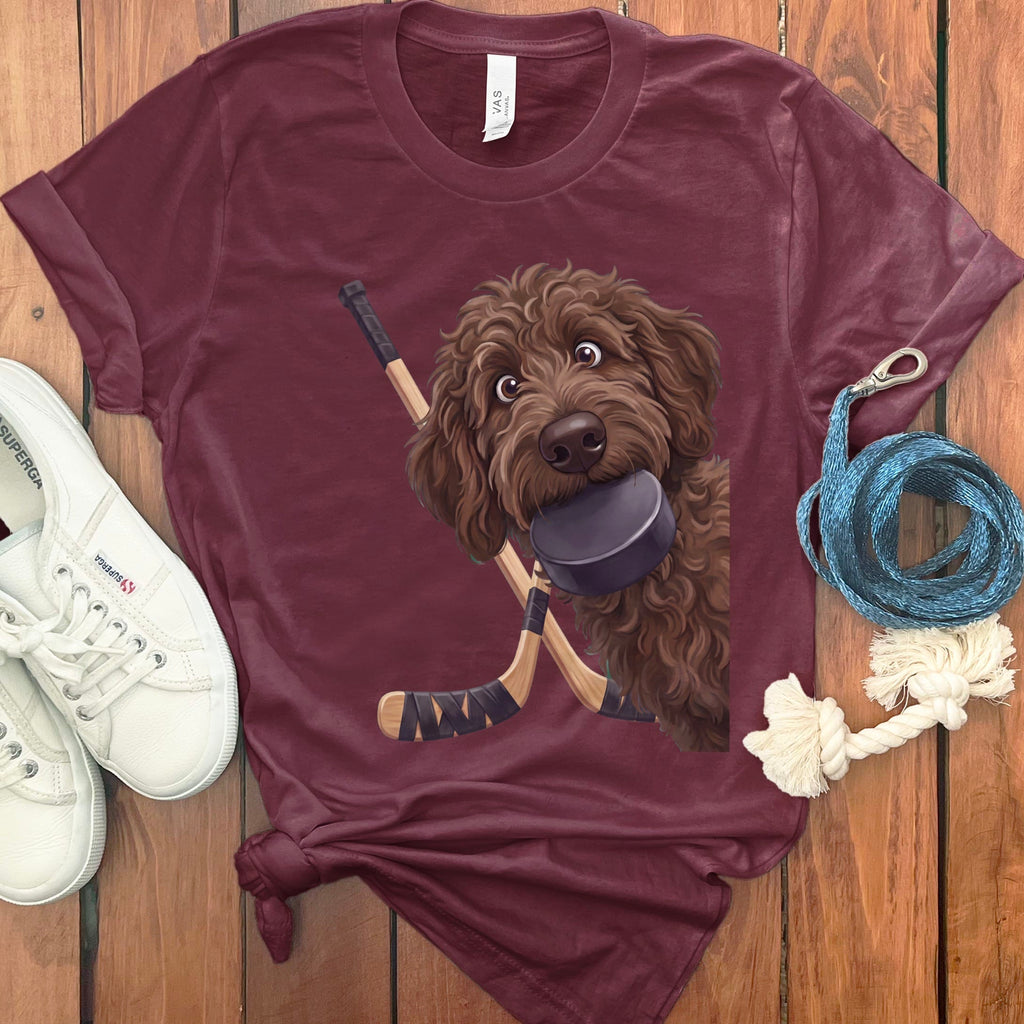 Chocolate Goldendoodle Hockey T-Shirt in Maroon / S by Puppy Jo