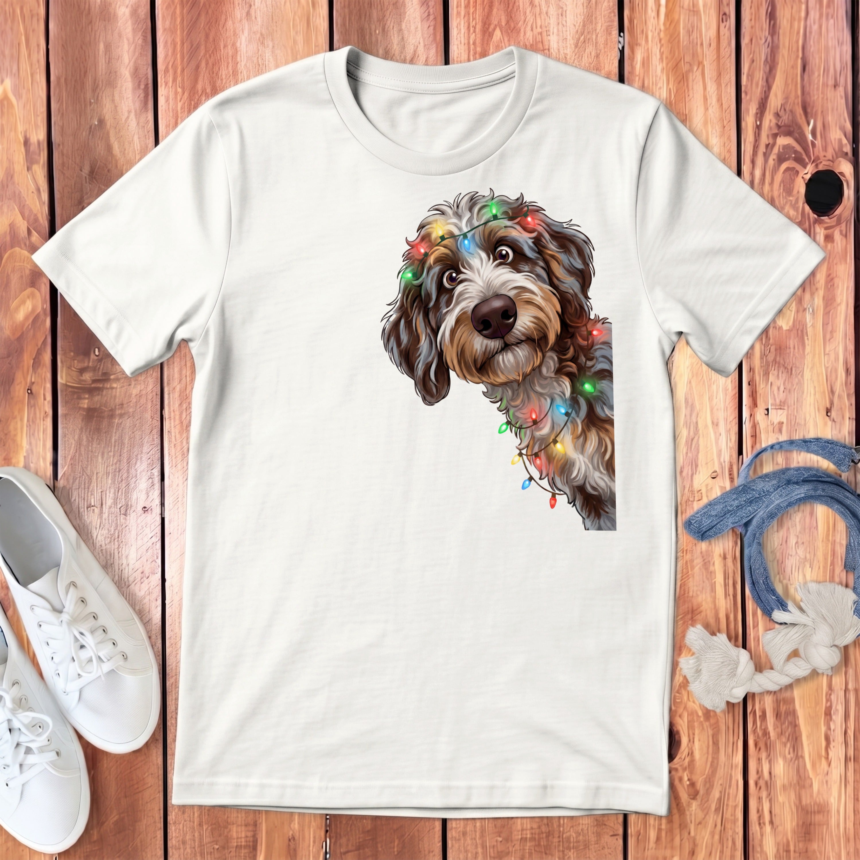 White t-shirt with a doodle dog wearing colorful Christmas lights.