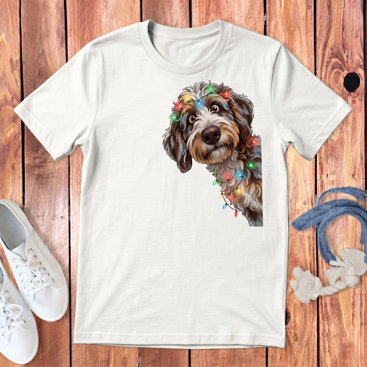 White t-shirt with a doodle dog wearing colorful Christmas lights.
