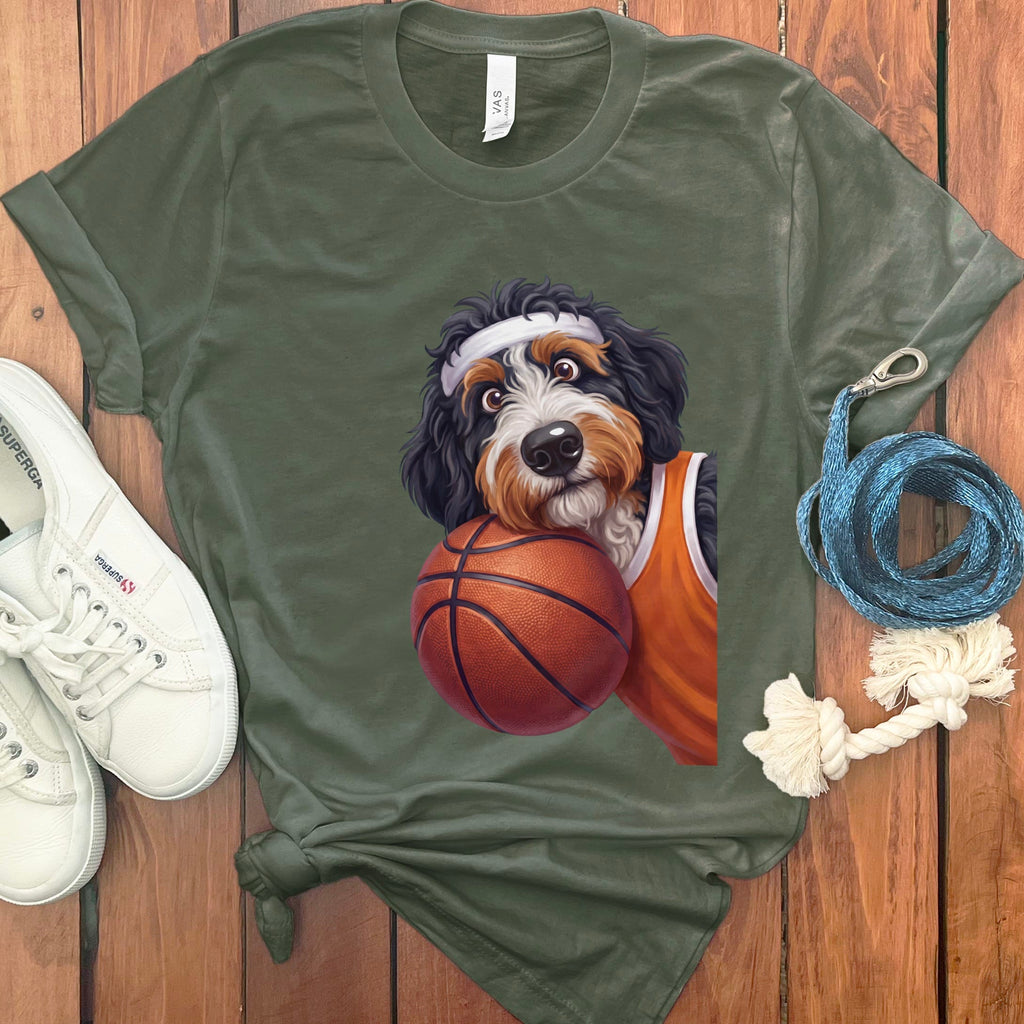 Bernedoodle Basketball Player T-Shirt in Military Green / S by Puppy Jo