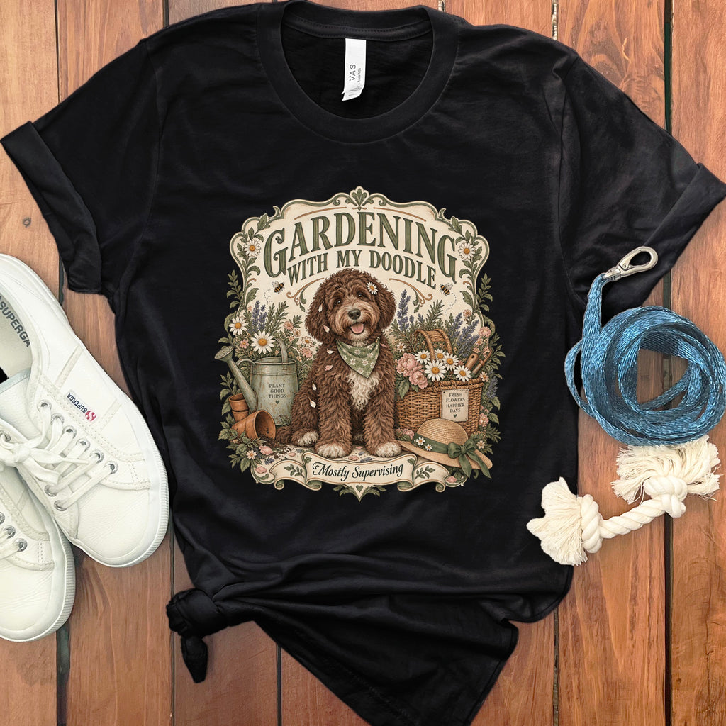 Black t-shirt with "Gardening with my Doodle" text and a doodle dog design.